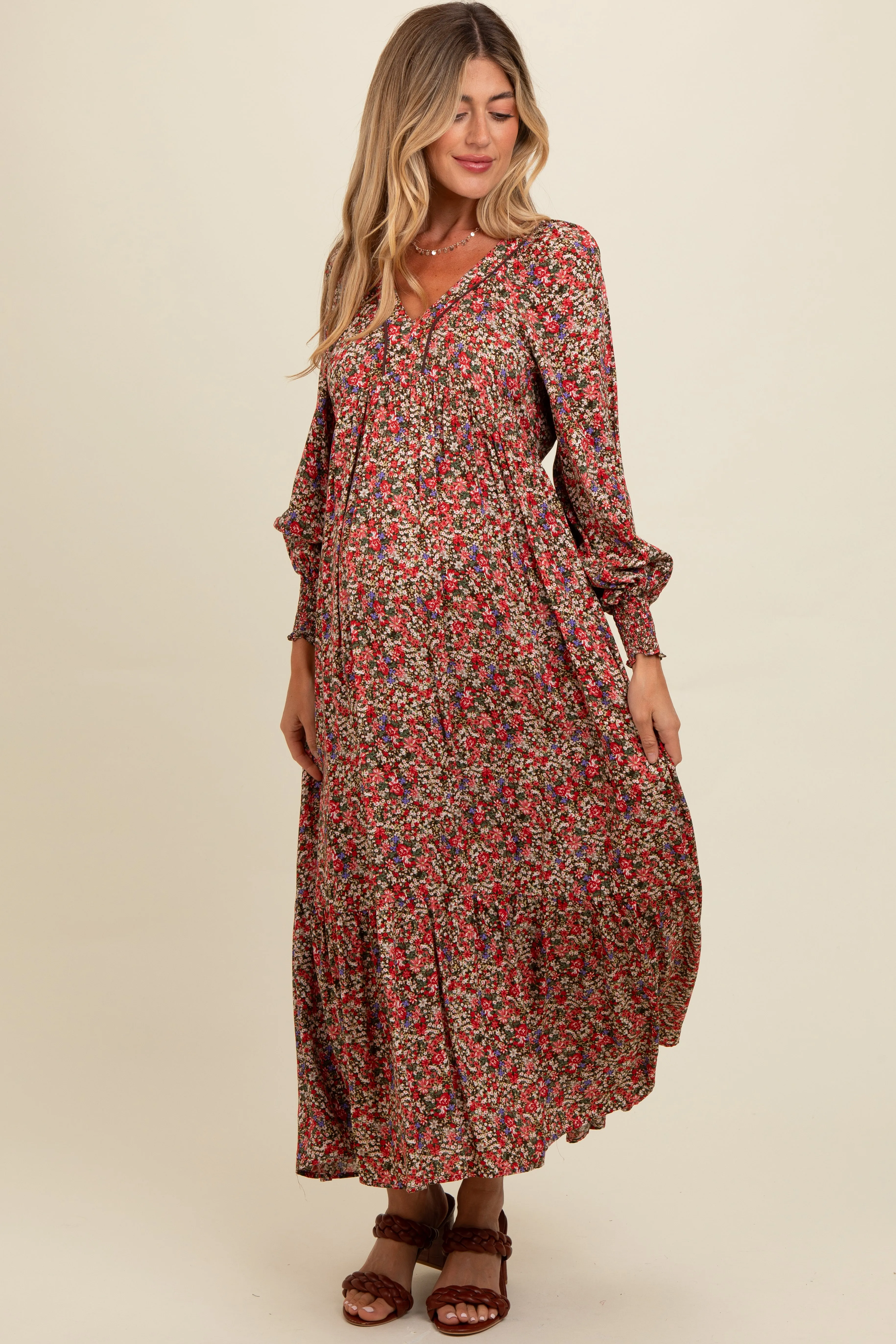 Mocha Floral V-Neck Bubble Sleeve Maternity Maxi Dress sold by Pinkblush