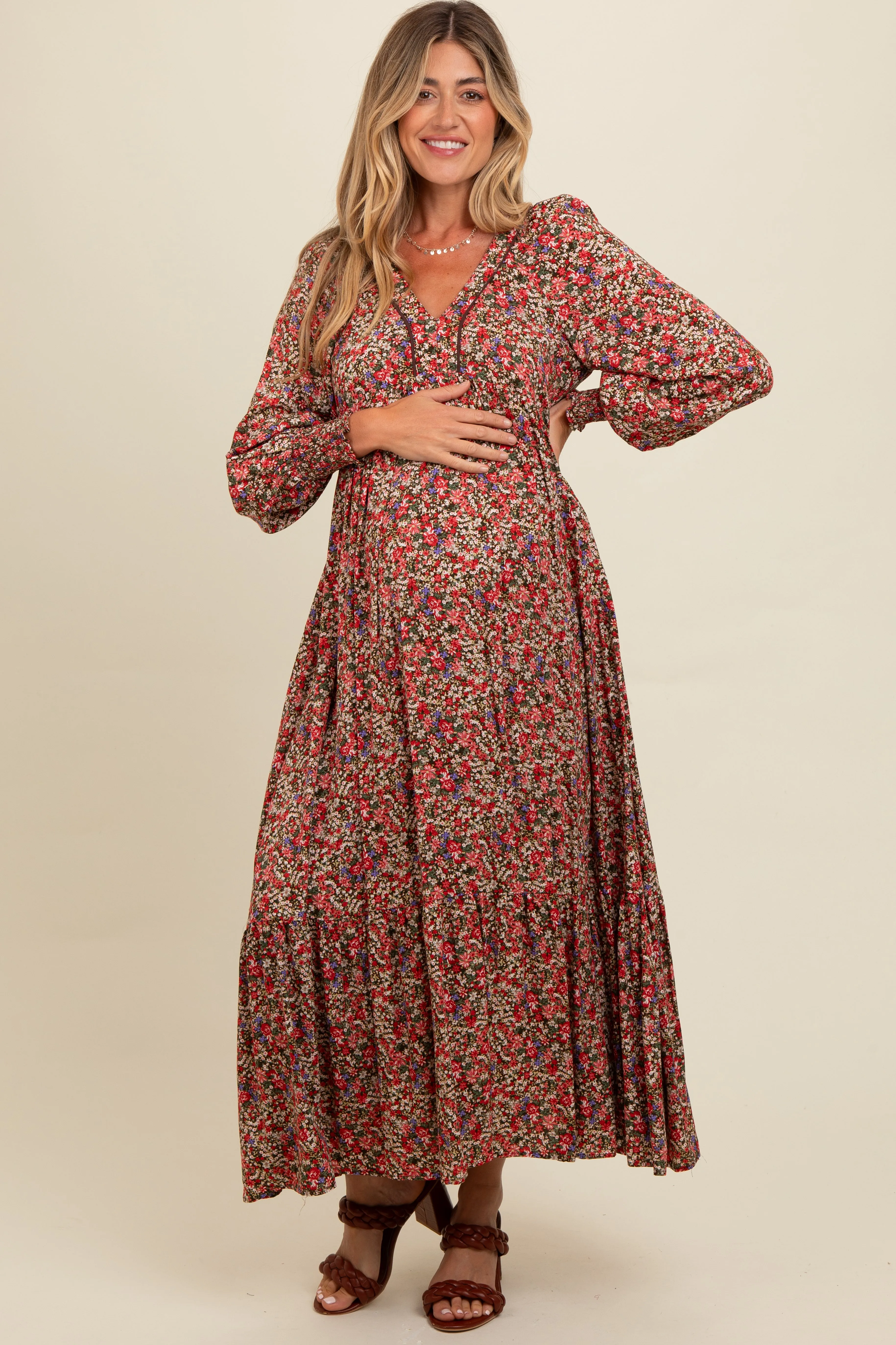 Mocha Floral V-Neck Bubble Sleeve Maternity Maxi Dress sold by Pinkblush product image thumbnail 2