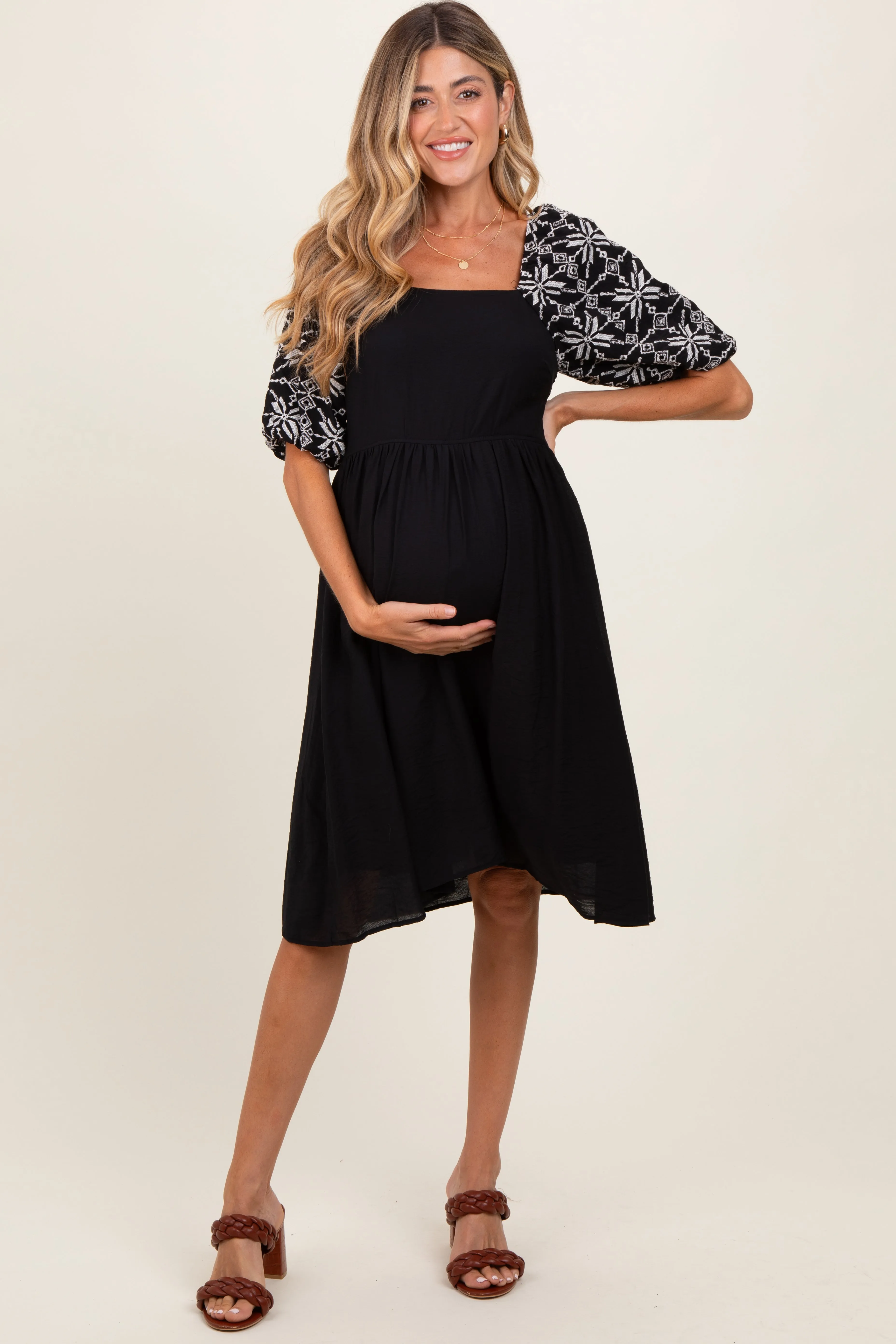 Black Embroidered Puff Short Sleeve Square Neck Maternity Dress sold by Pinkblush product image thumbnail 2