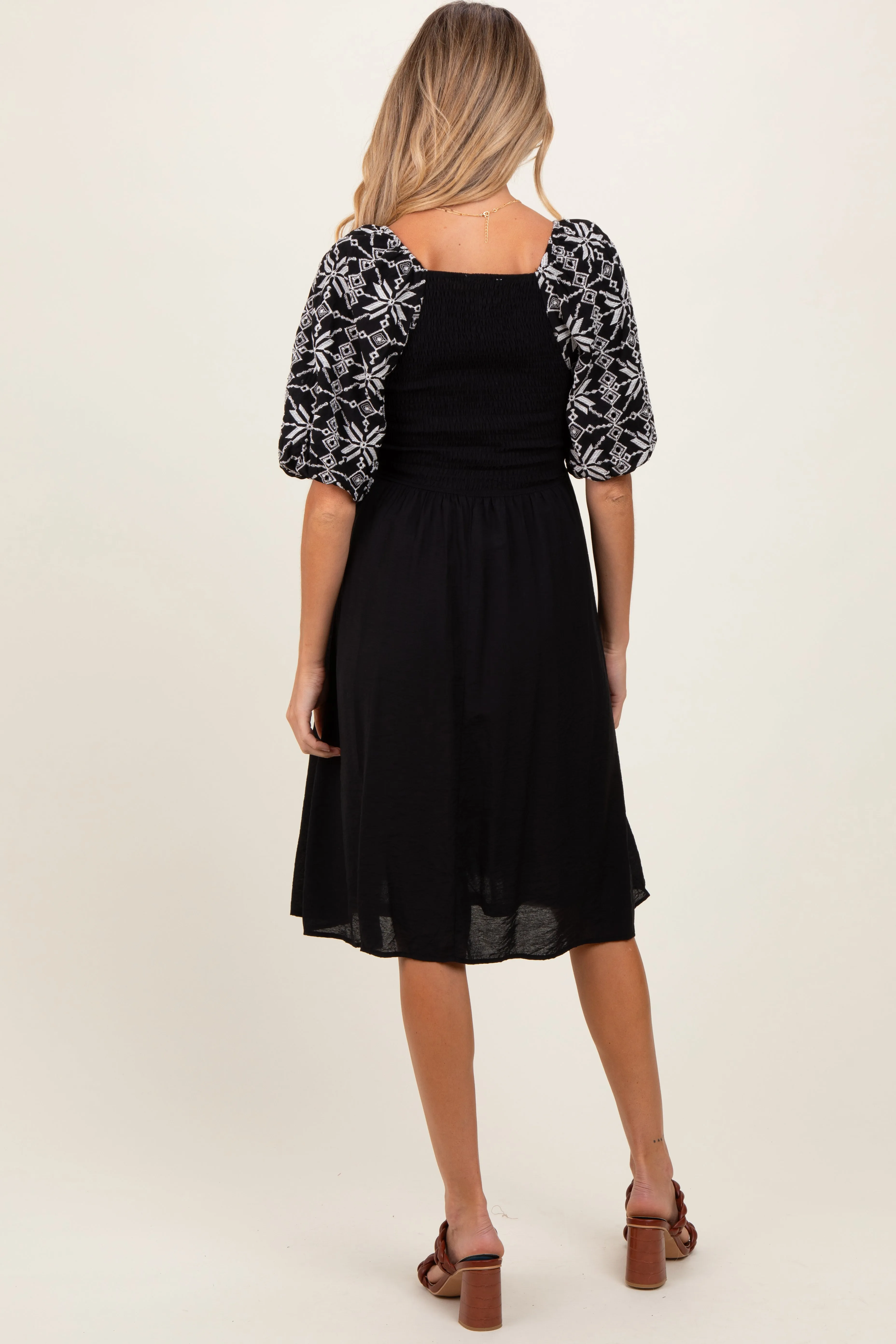 Black Embroidered Puff Short Sleeve Square Neck Maternity Dress sold by Pinkblush product image thumbnail 3