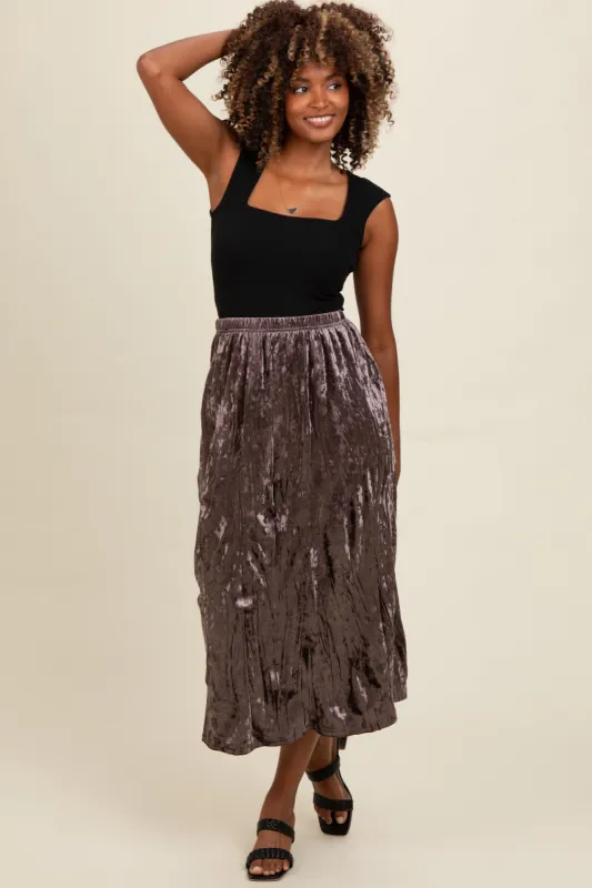 Brown Velvet Crinkled Midi Skirt sold by Pinkblush