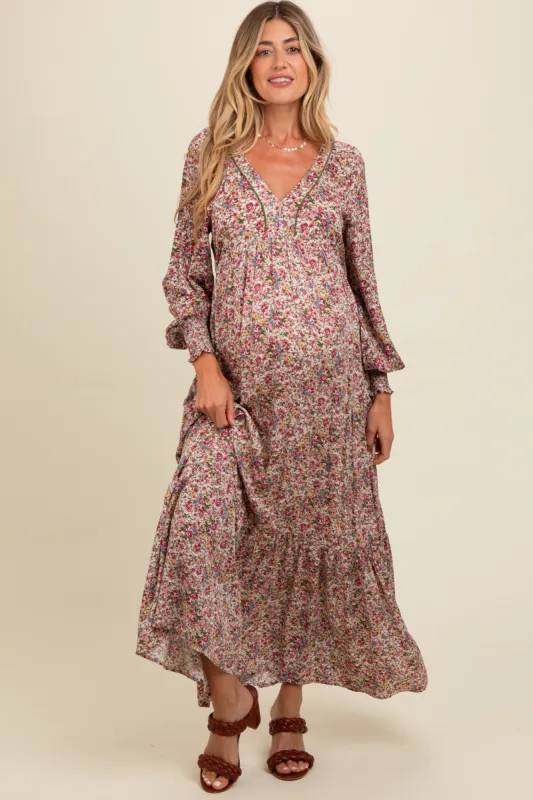 Cream Floral V-Neck Bubble Sleeve Maternity Maxi Dress sold by Pinkblush