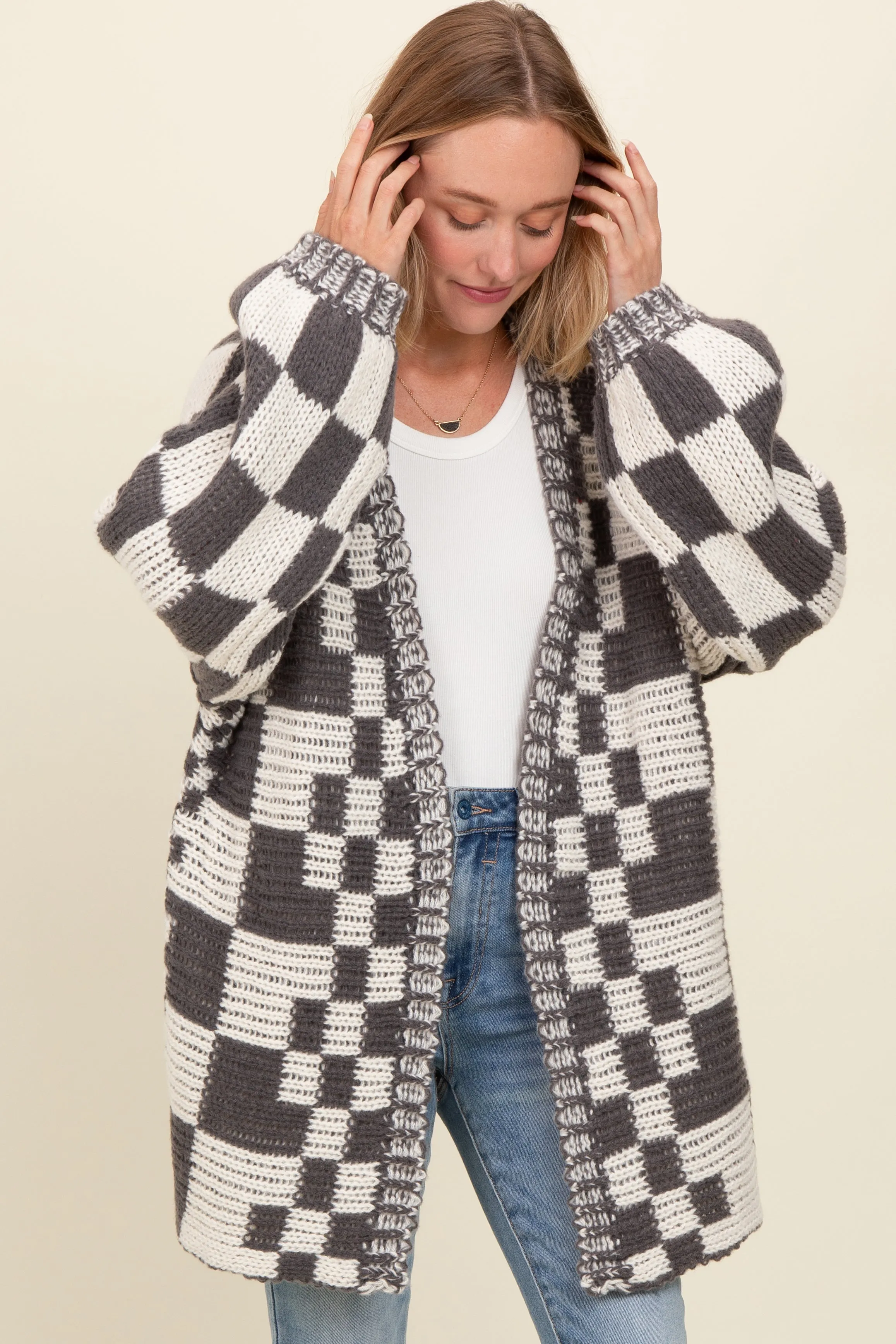 Charcoal Mixed Check Pattern Chunky Cardigan sold by Pinkblush