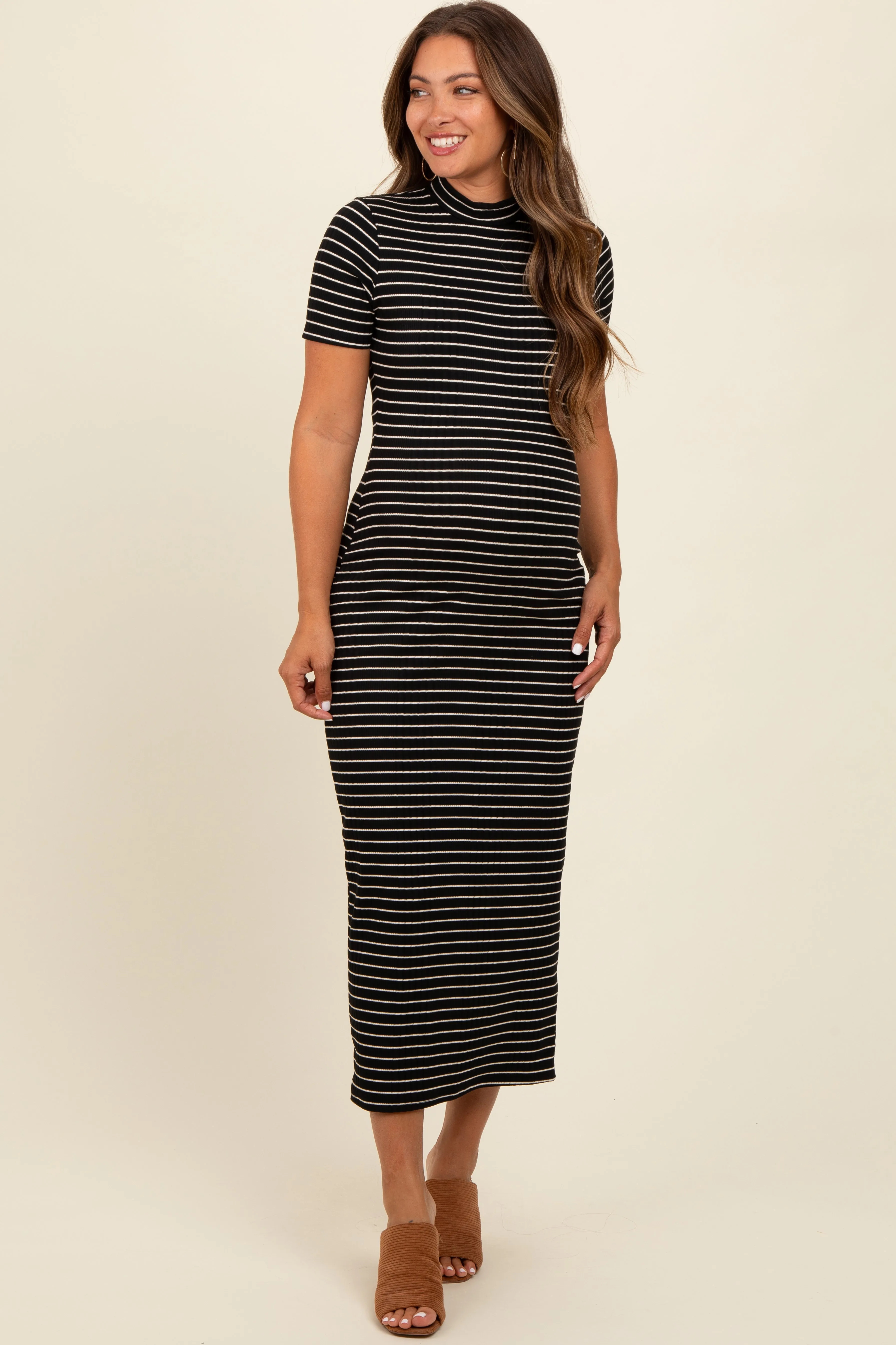 Black Striped Mock Neck Fitted Maternity Midi Dress sold by Pinkblush