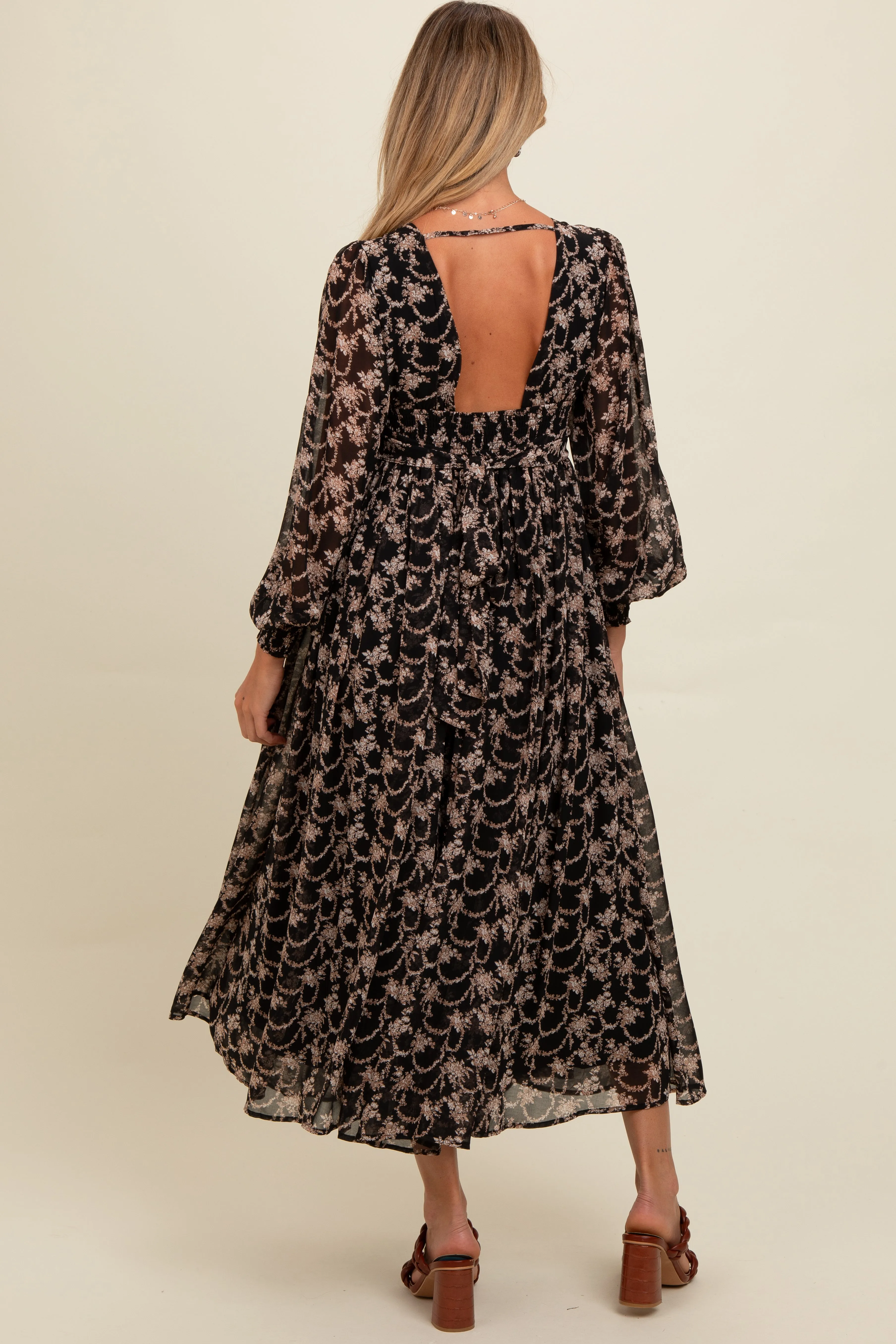 Black Floral Chiffon Twist Wrap Maternity Maxi sold by Pinkblush product image thumbnail 4