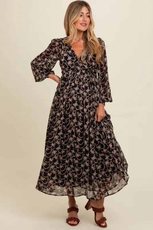 Black Floral Chiffon Twist Wrap Maternity Maxi sold by Pinkblush
