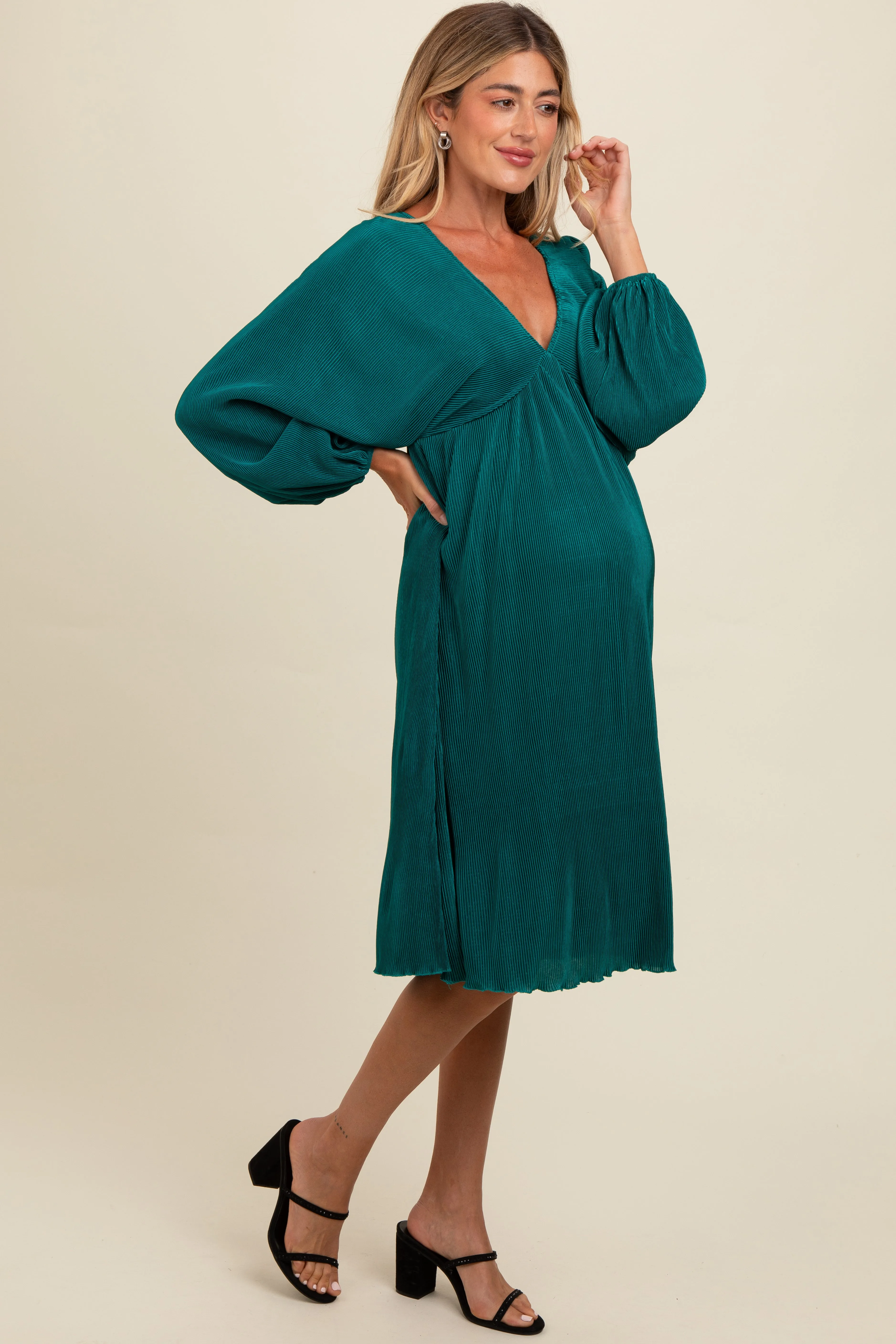Forest Green Pleated Deep V-Neck Maternity Midi Dress sold by Pinkblush product image thumbnail 2