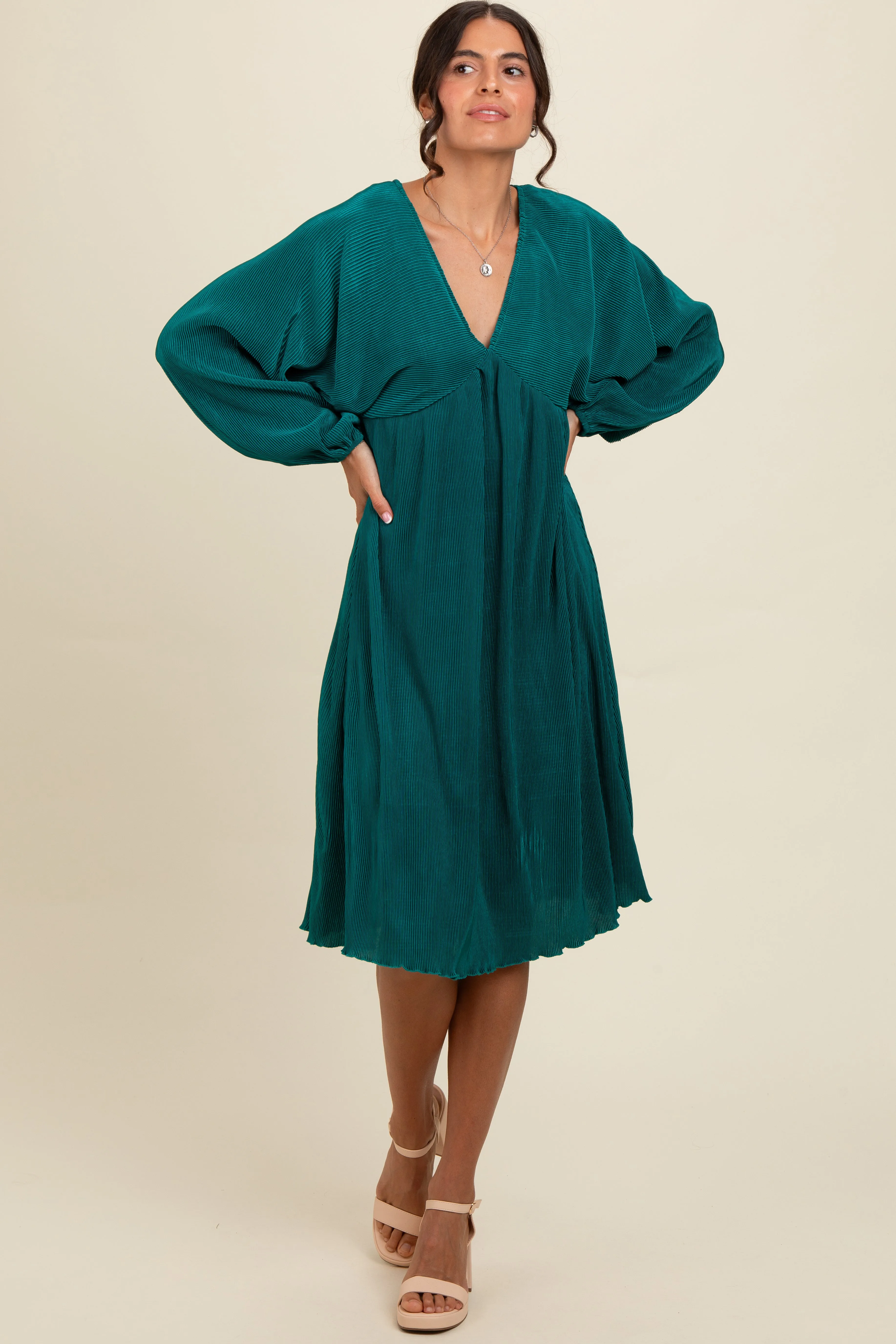 Forest Green Pleated Deep V-Neck Maternity Midi Dress sold by Pinkblush product image thumbnail 4