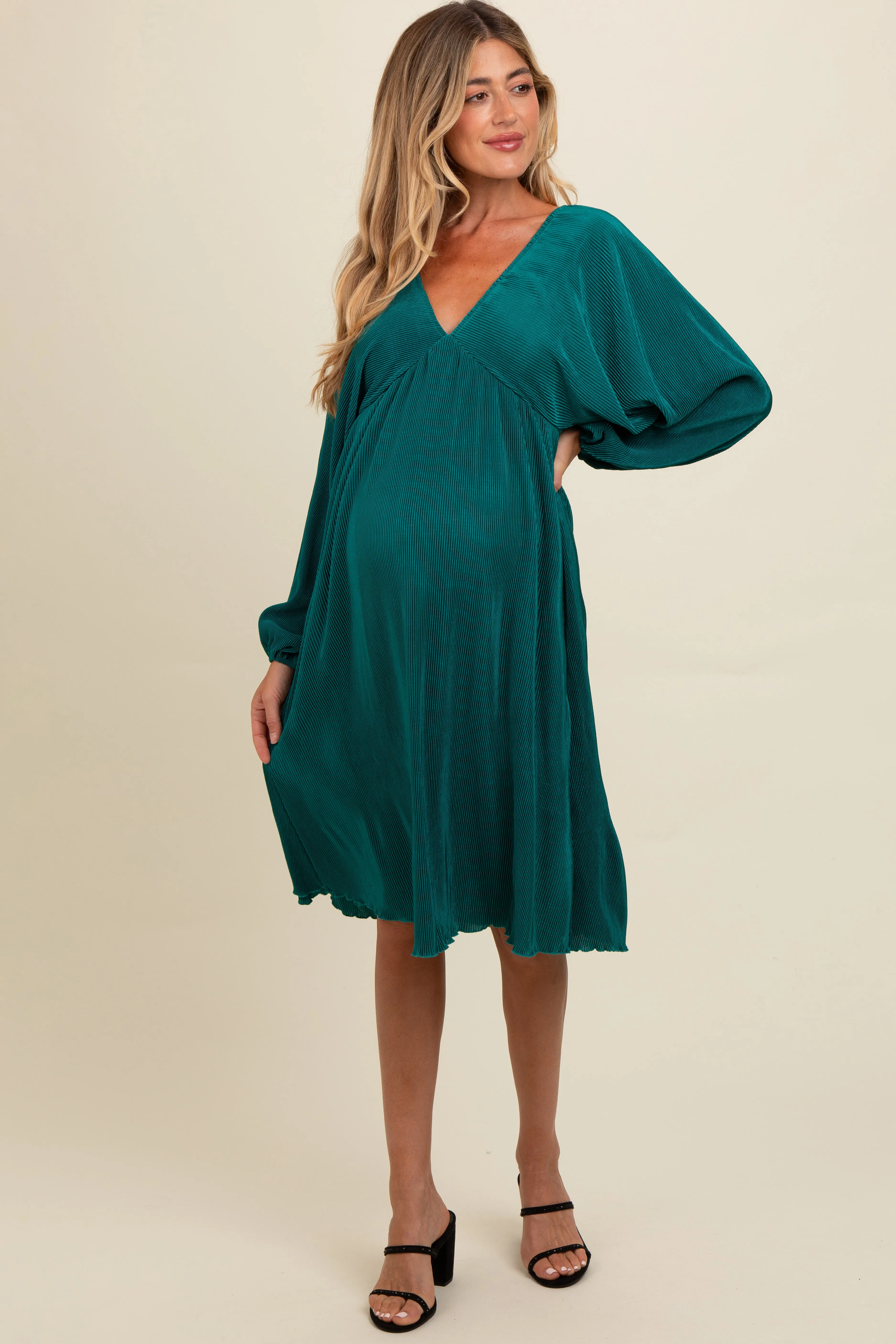Forest Green Pleated Deep V-Neck Maternity Midi Dress sold by Pinkblush