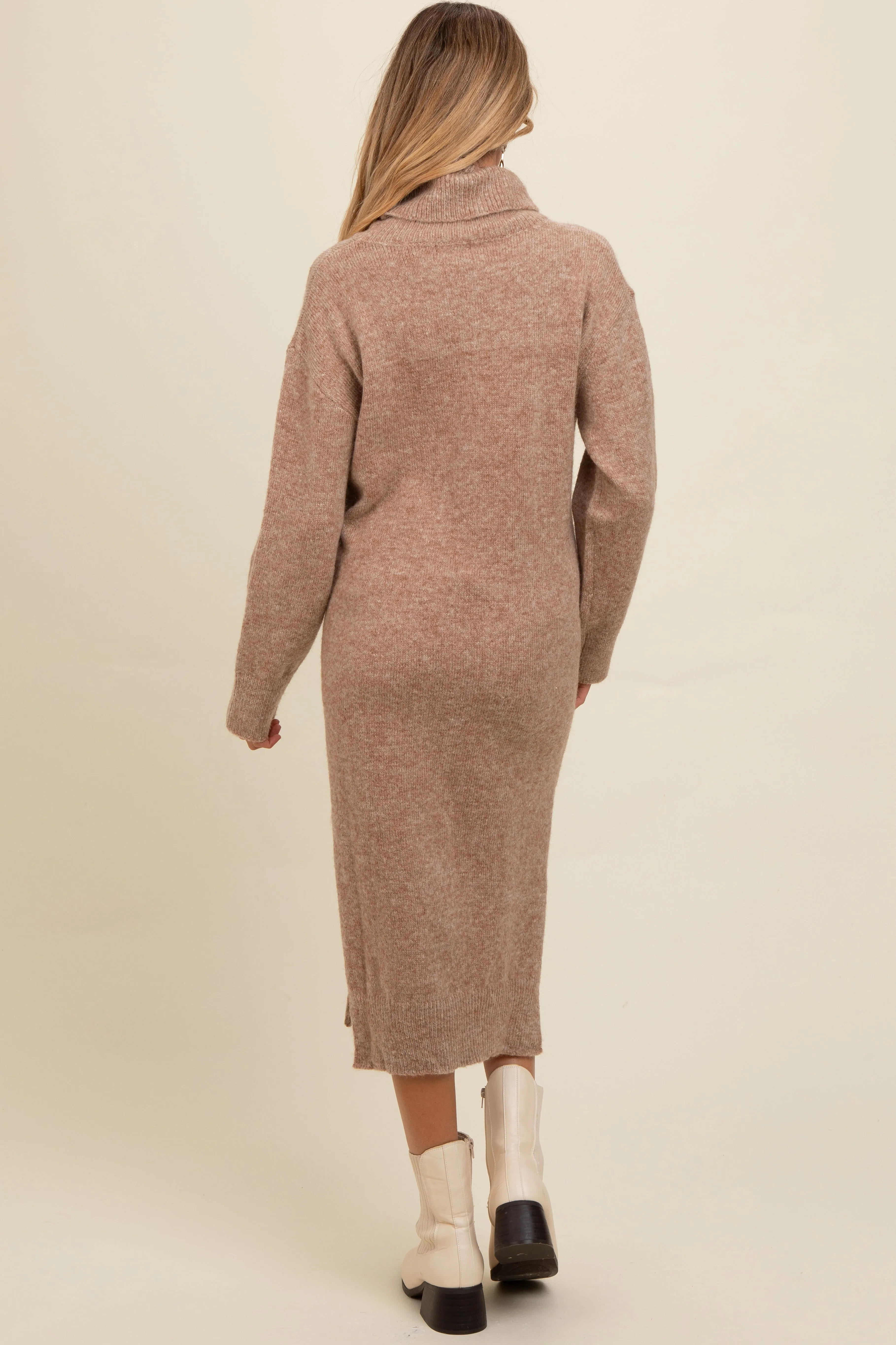 Light Mocha Turtleneck Side Slit Knit Maternity Midi Sweater Dress sold by Pinkblush product image thumbnail 4