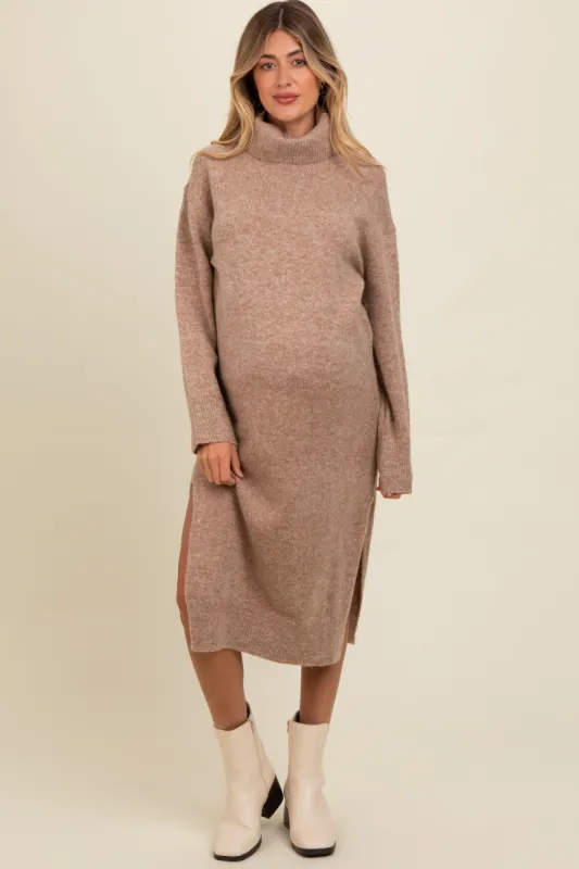 Light Mocha Turtleneck Side Slit Knit Maternity Midi Sweater Dress sold by Pinkblush