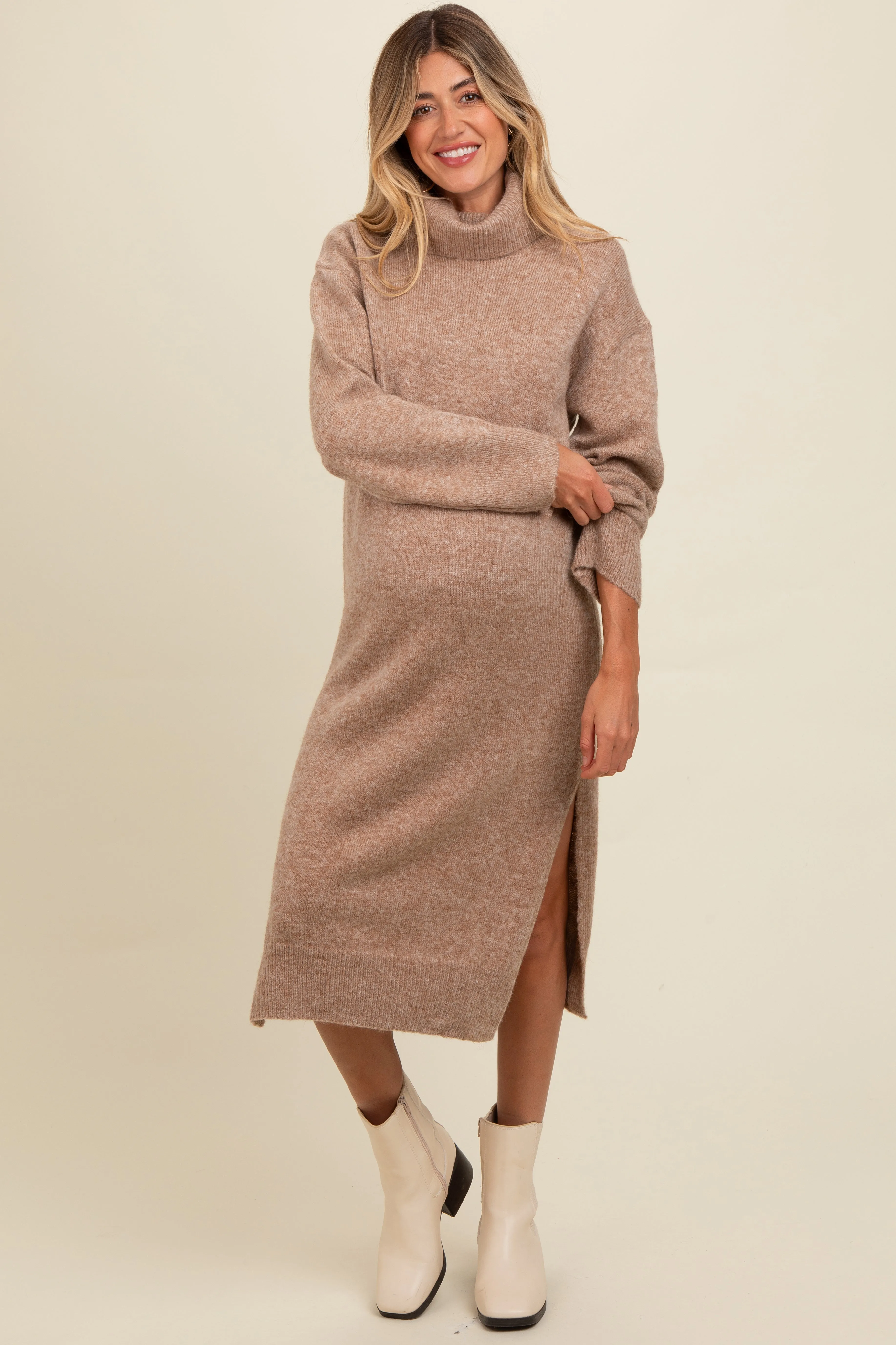 Light Mocha Turtleneck Side Slit Knit Maternity Midi Sweater Dress sold by Pinkblush product image thumbnail 2