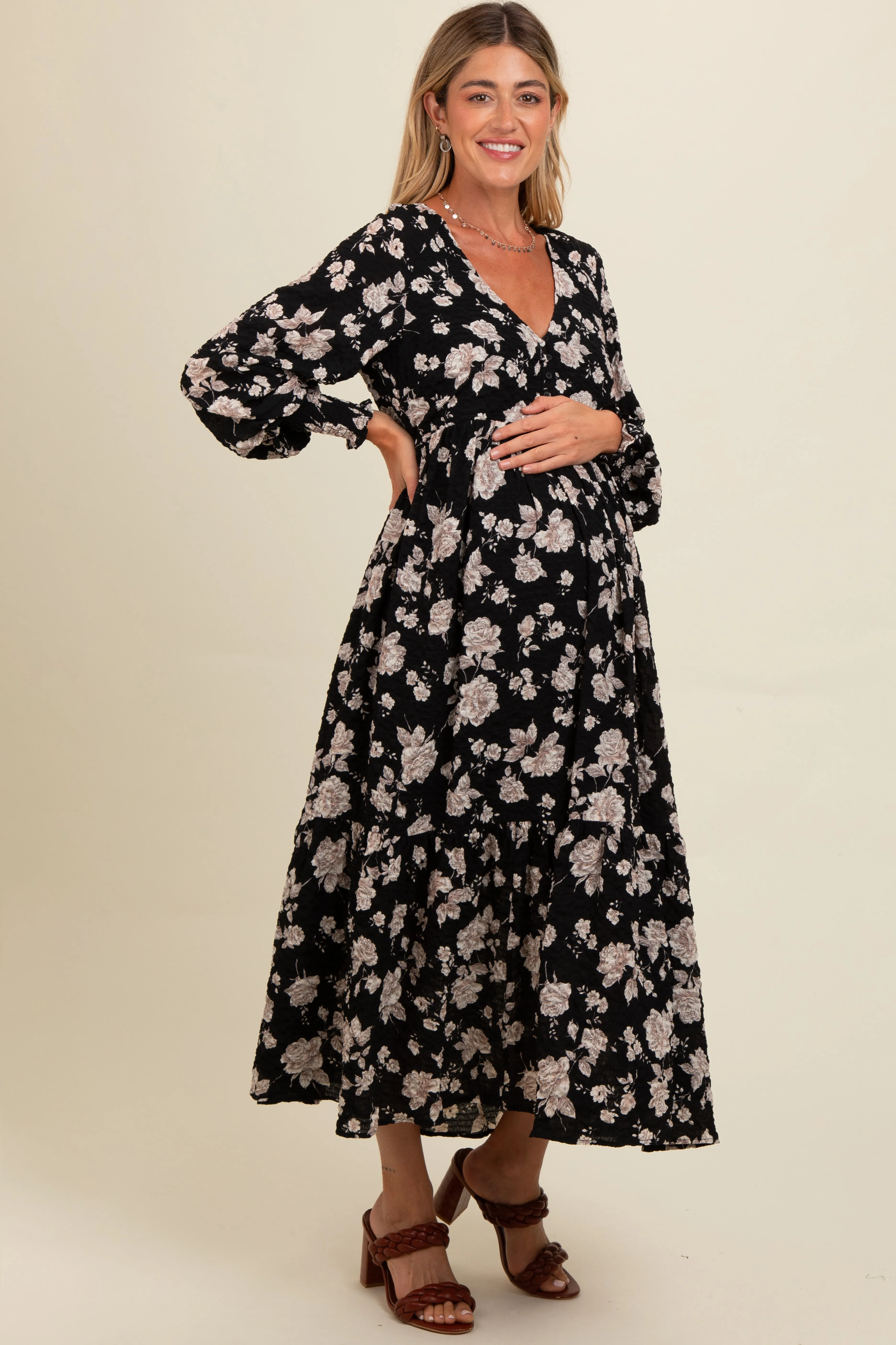 Black Floral Textured Bubble Sleeve Maternity Maxi Dress sold by Pinkblush product image thumbnail 3