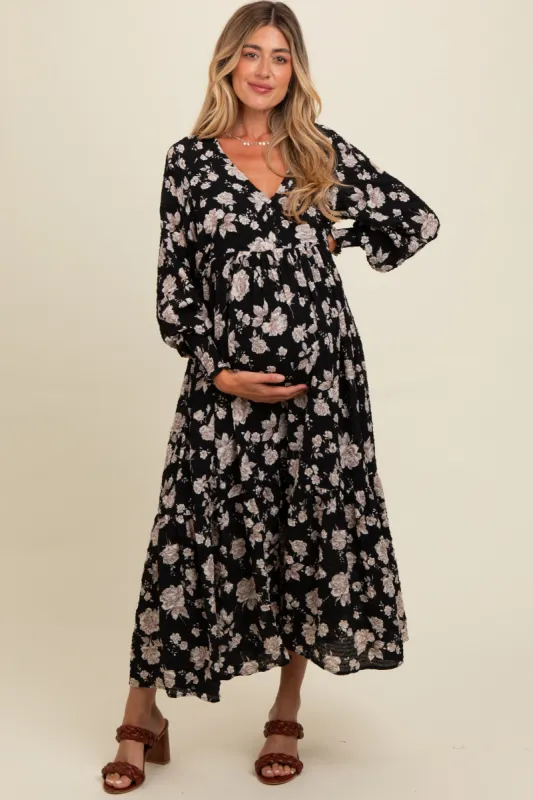 Black Floral Textured Bubble Sleeve Maternity Maxi Dress sold by Pinkblush