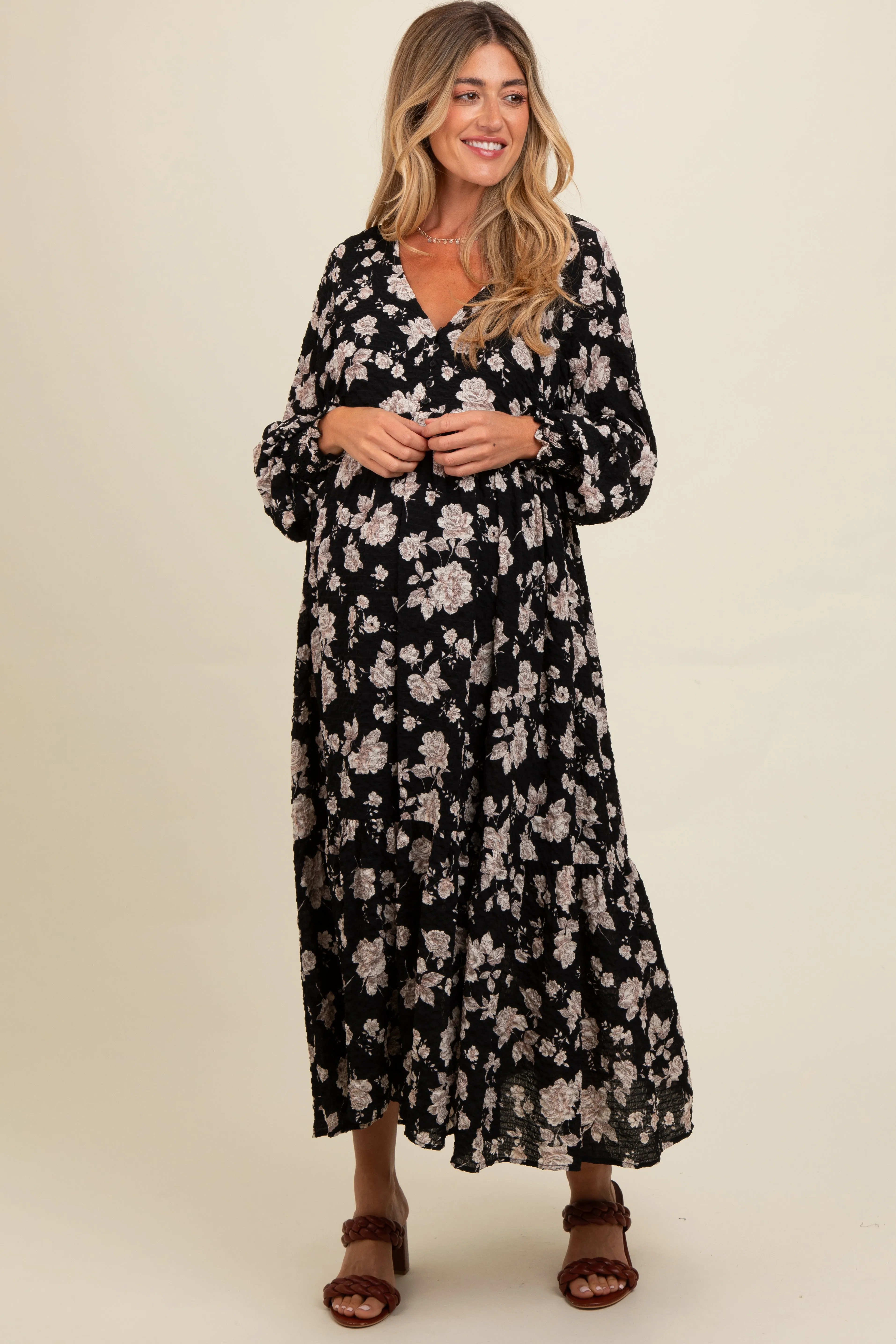 Black Floral Textured Bubble Sleeve Maternity Maxi Dress sold by Pinkblush product image thumbnail 2