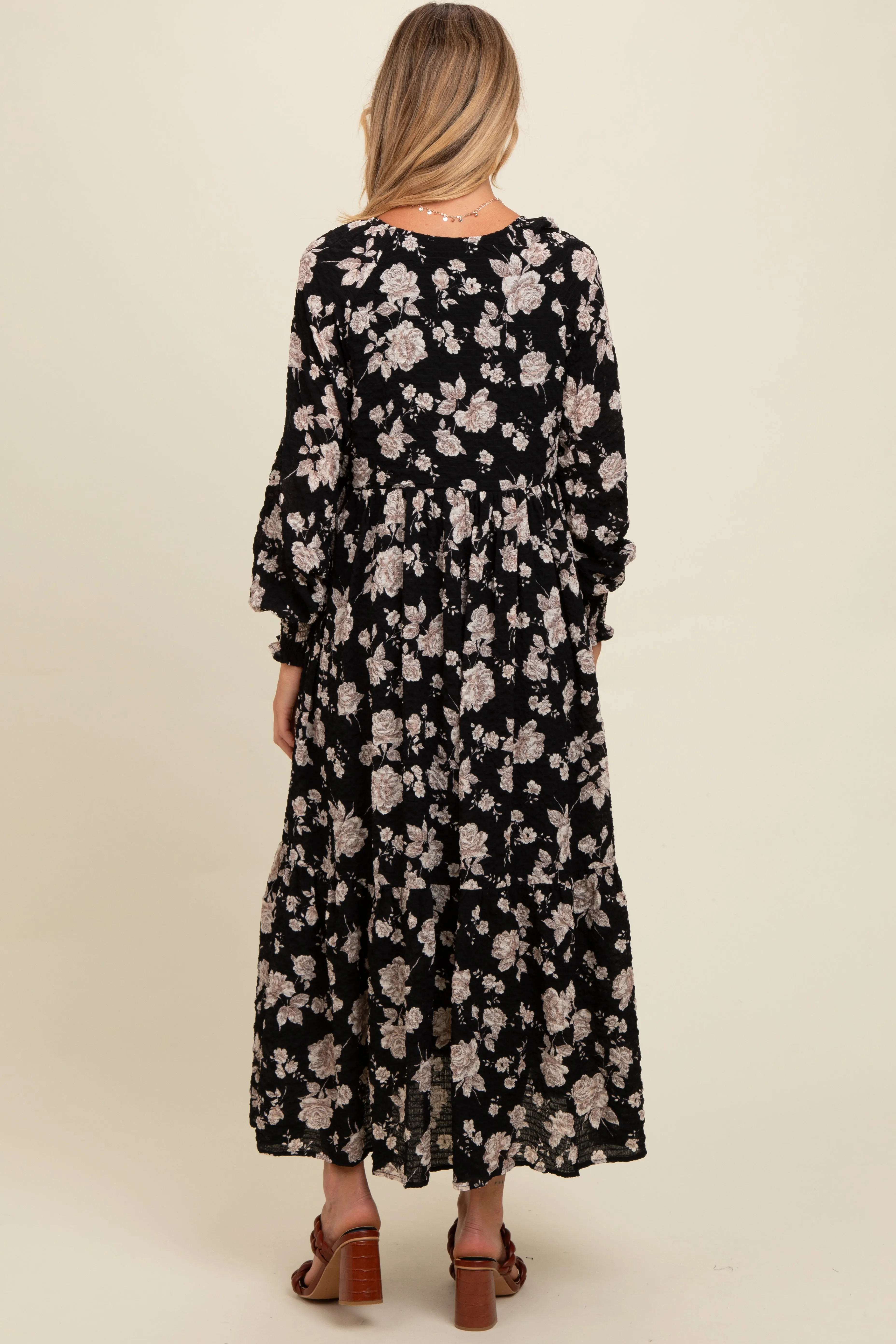 Black Floral Textured Bubble Sleeve Maternity Maxi Dress sold by Pinkblush product image thumbnail 4