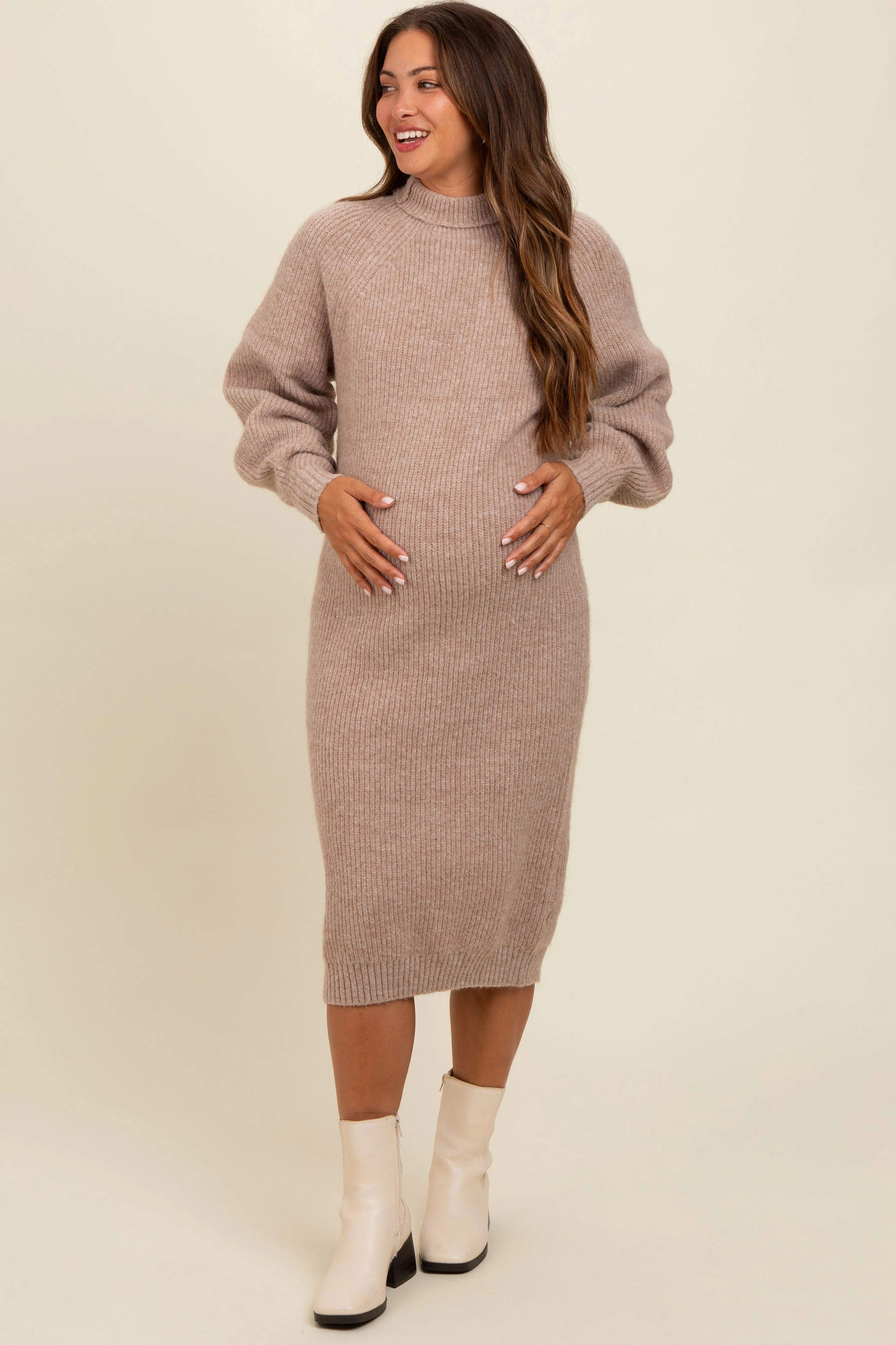 Beige Mock Neck Bubble Sleeve Maternity Midi Sweater Dress sold by Pinkblush