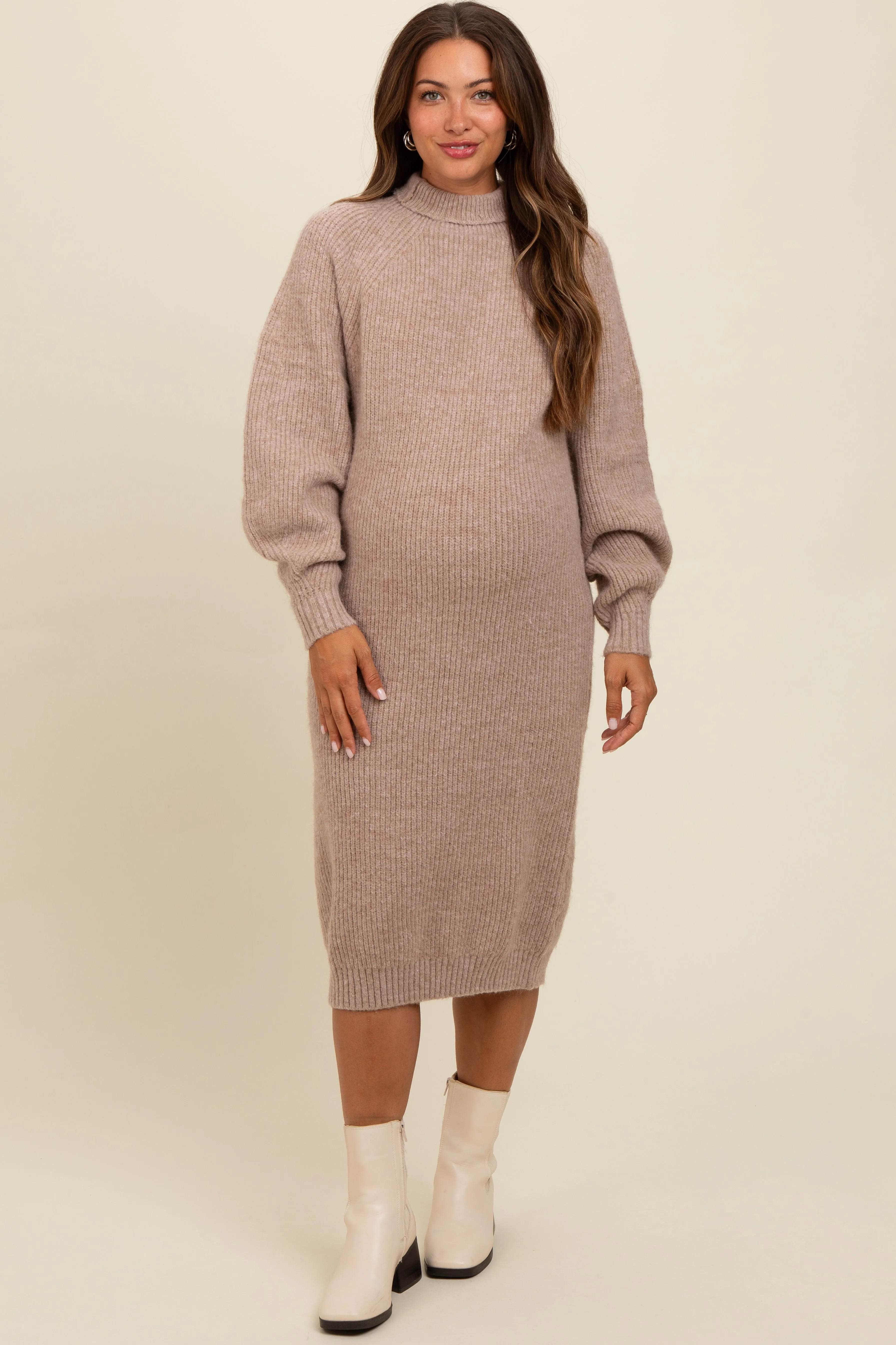 Beige Mock Neck Bubble Sleeve Maternity Midi Sweater Dress sold by Pinkblush product image thumbnail 2
