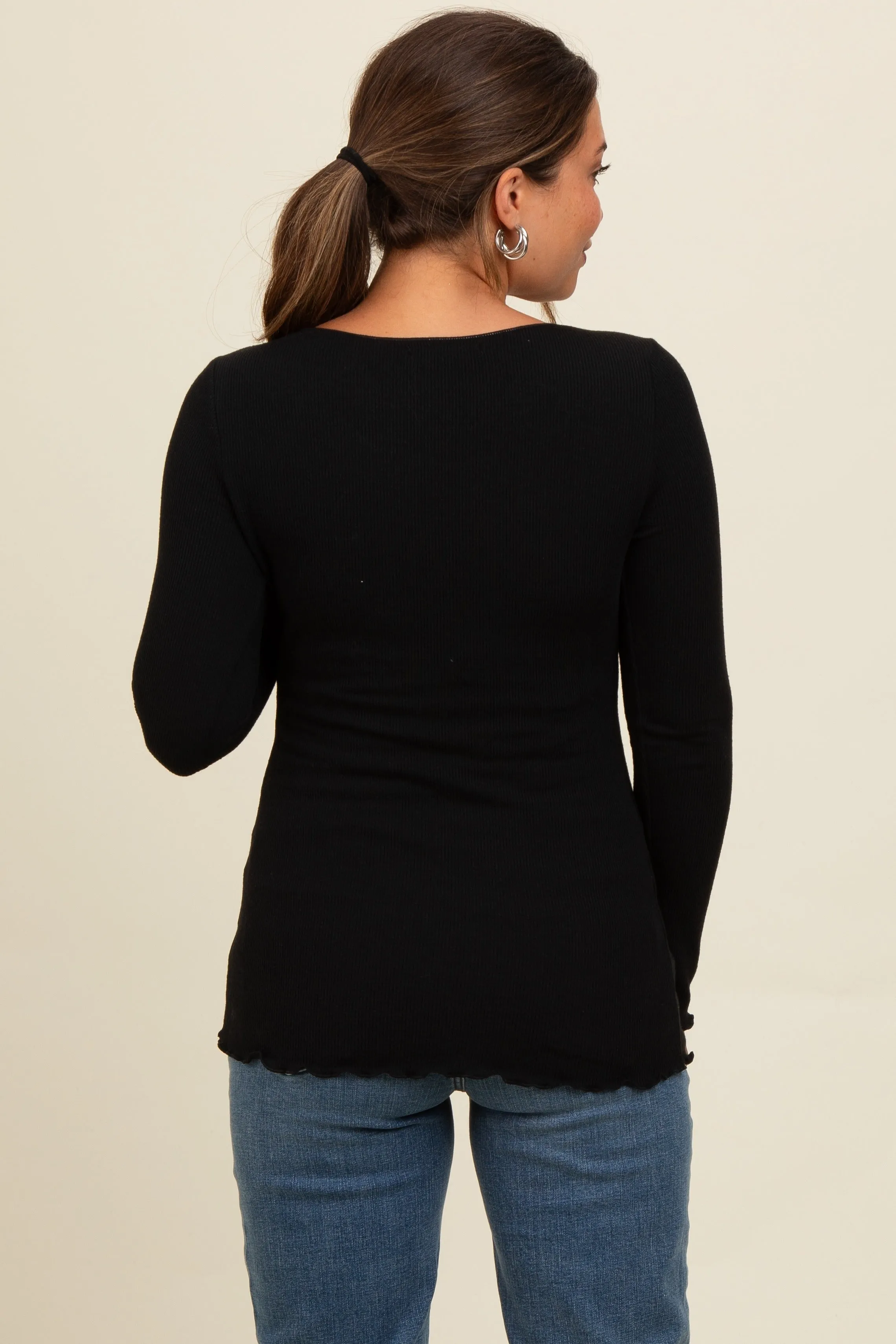Black Ribbed Knit Long Sleeve Lettuce Hem Maternity Top sold by Pinkblush product image thumbnail 3