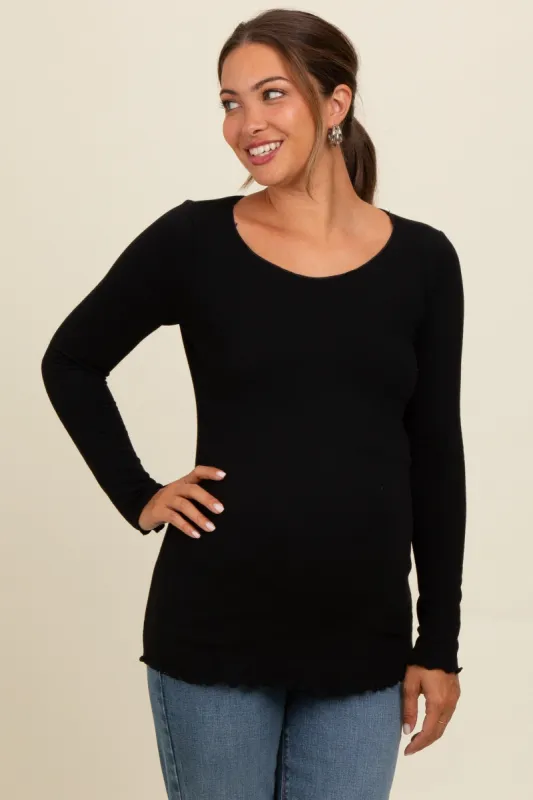 Black Ribbed Knit Long Sleeve Lettuce Hem Maternity Top sold by Pinkblush