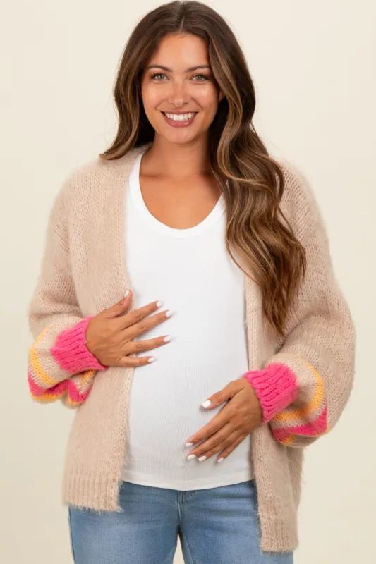 Beige Brushed Knit Striped Sleeve Maternity Cardigan sold by Pinkblush
