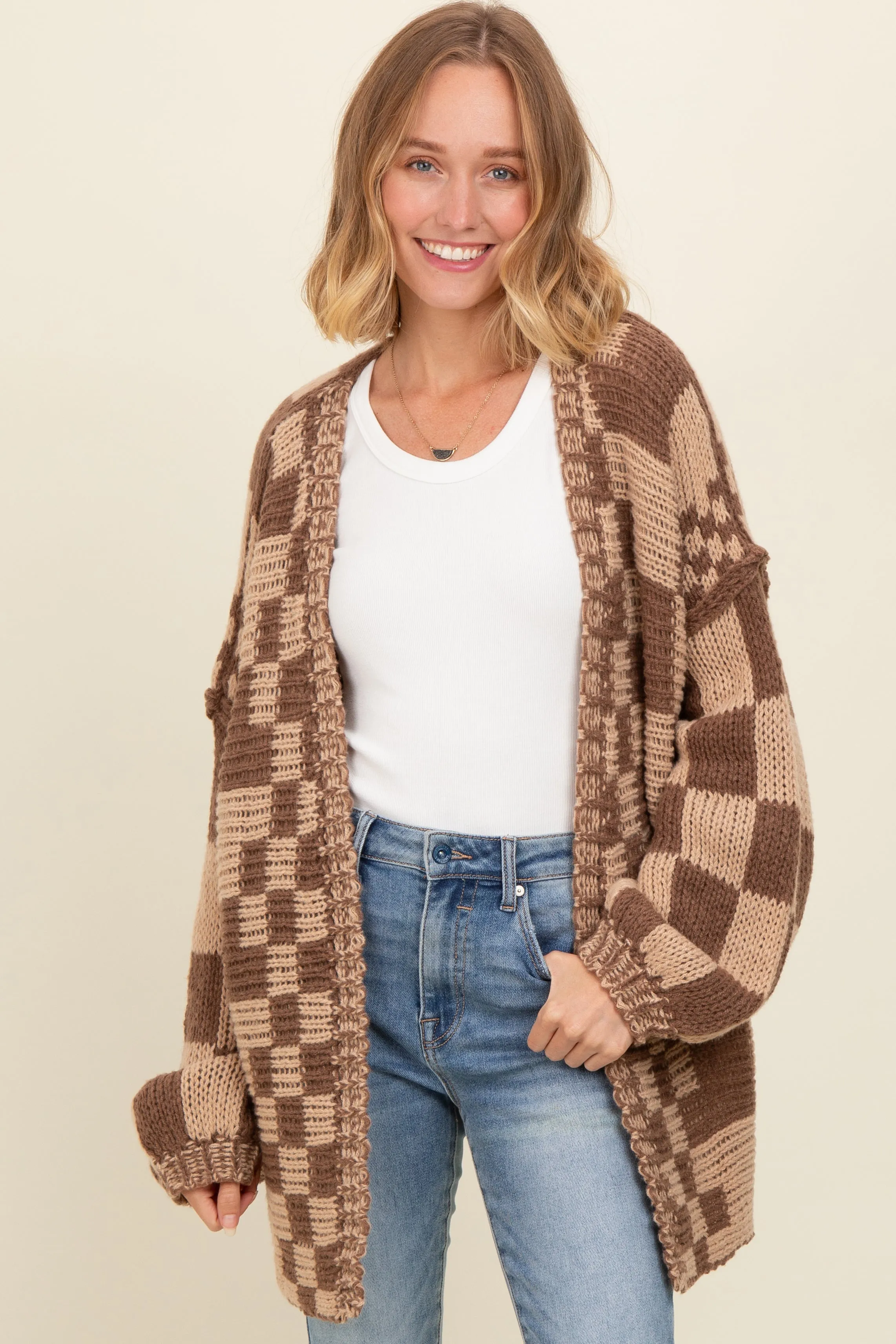 Brown Mixed Check Pattern Chunky Cardigan sold by Pinkblush