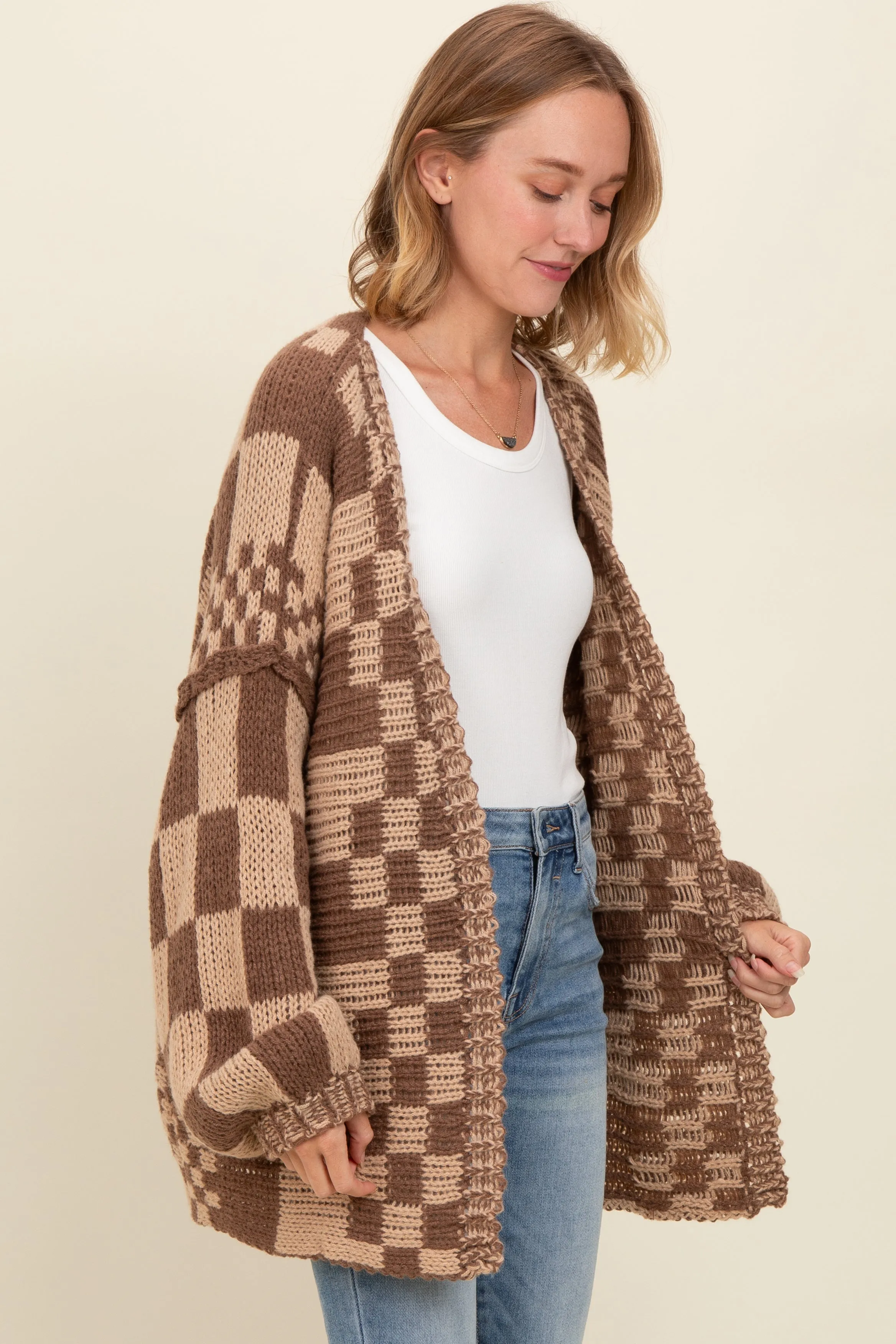 Brown Mixed Check Pattern Chunky Cardigan sold by Pinkblush product image thumbnail 2