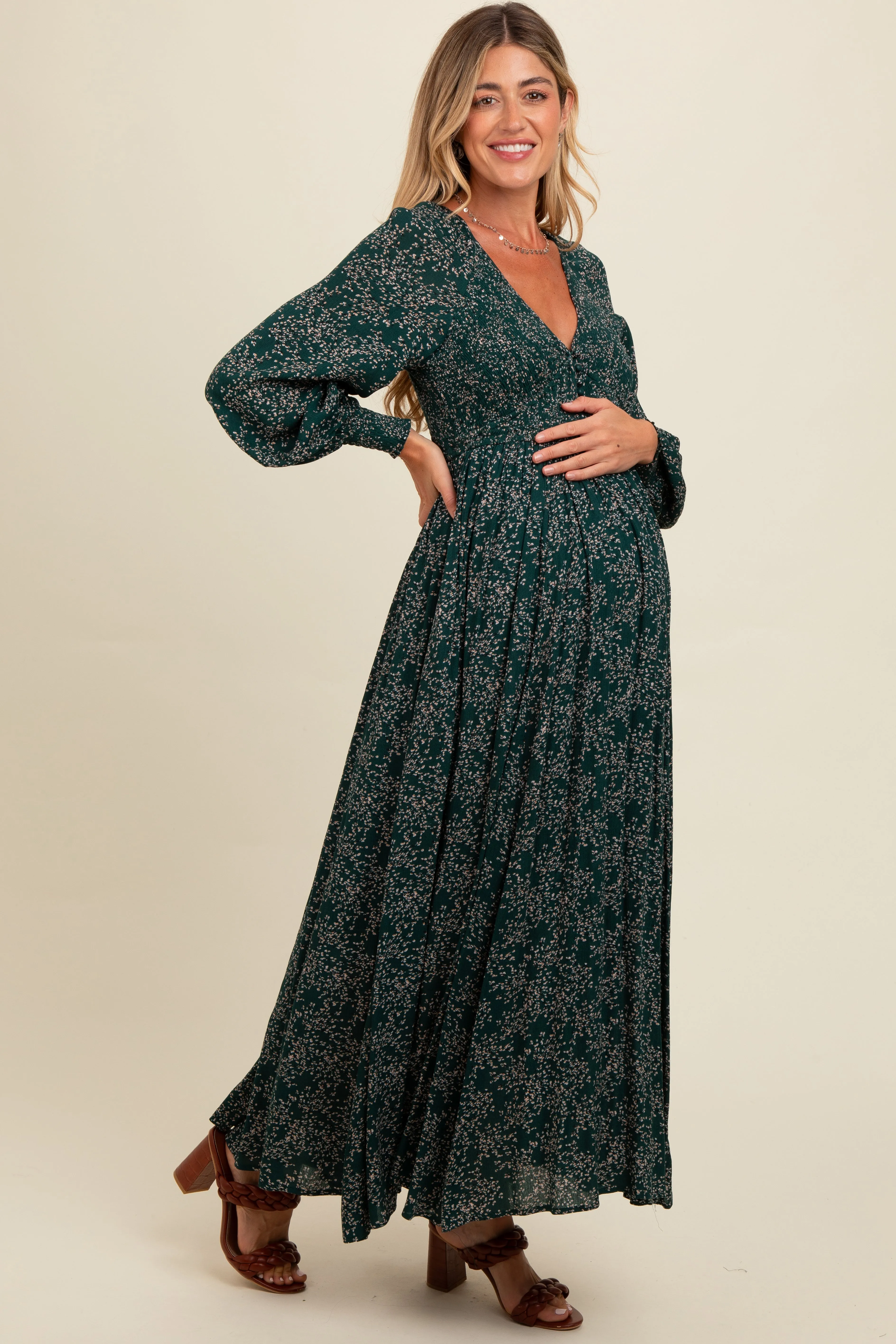 Forest Green Floral Smocked Button Detail Maternity Maxi Dress sold by Pinkblush product image thumbnail 3