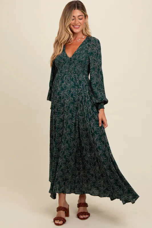 Forest Green Floral Smocked Button Detail Maternity Maxi Dress sold by Pinkblush