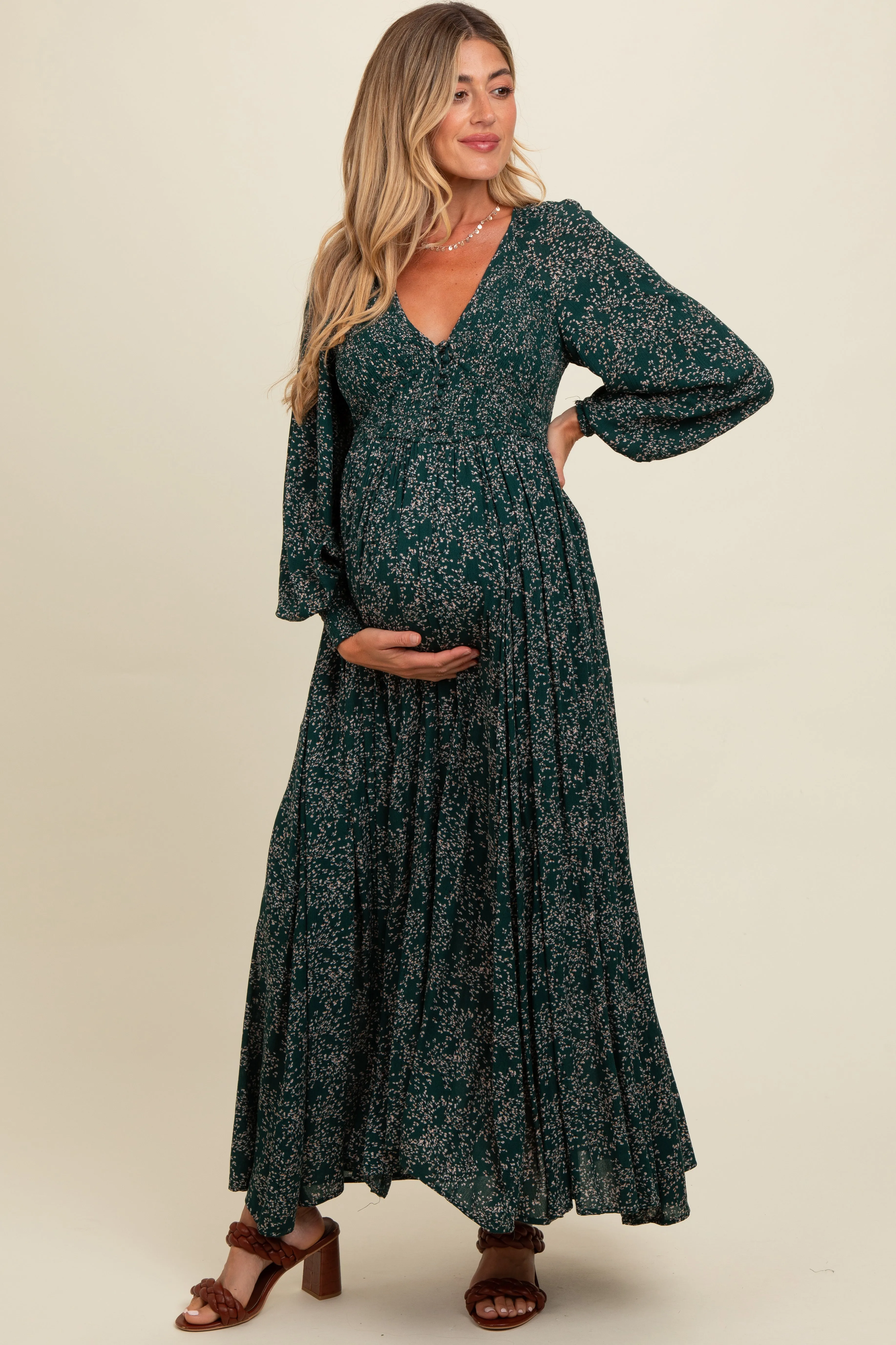 Forest Green Floral Smocked Button Detail Maternity Maxi Dress sold by Pinkblush product image thumbnail 2