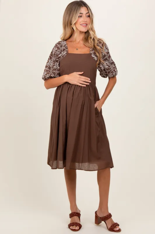 Brown Embroidered Puff Short Sleeve Square Neck Maternity Dress sold by Pinkblush