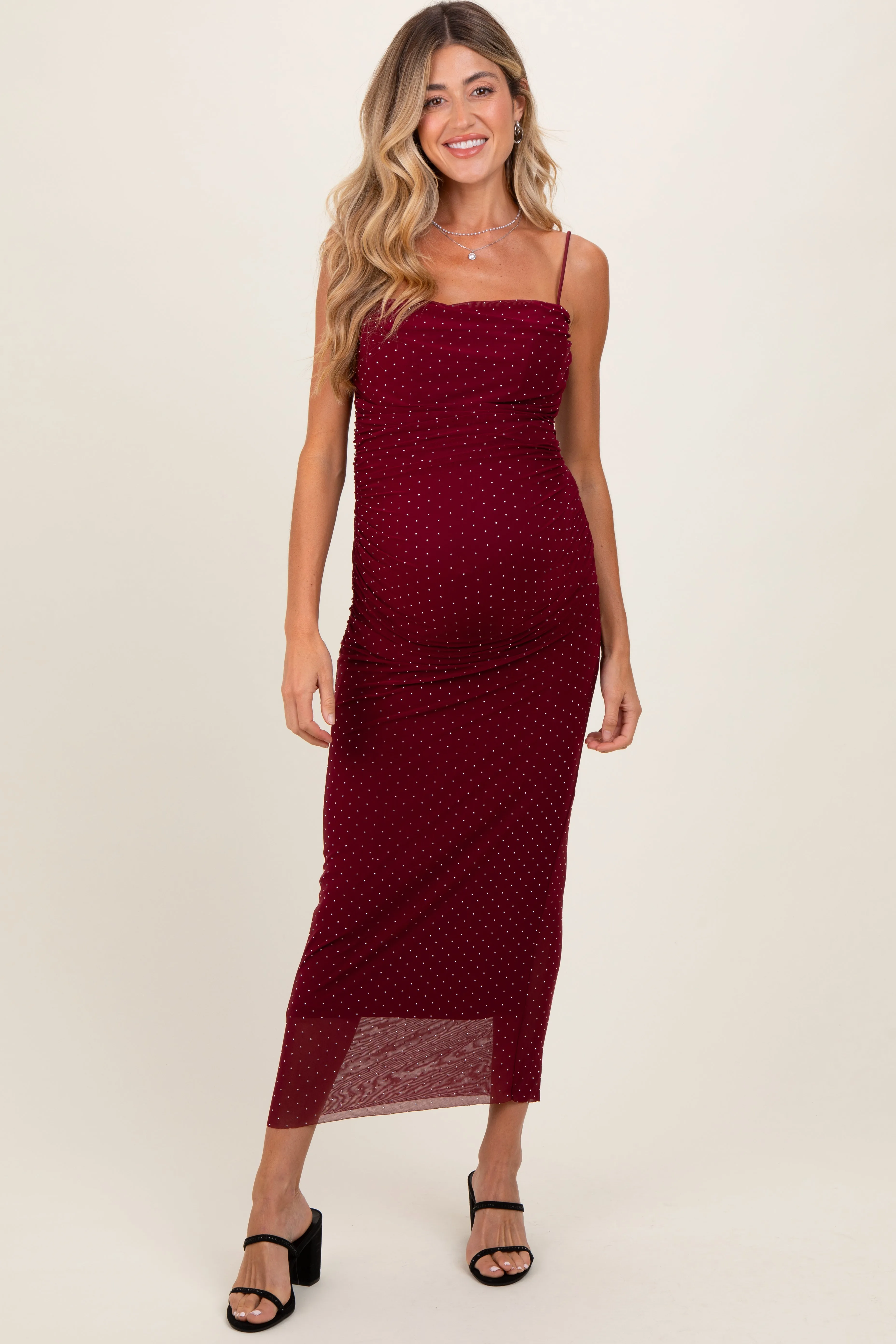 Burgundy Rhinestone Fitted Ruched Maternity Maxi Dress sold by Pinkblush product image thumbnail 2