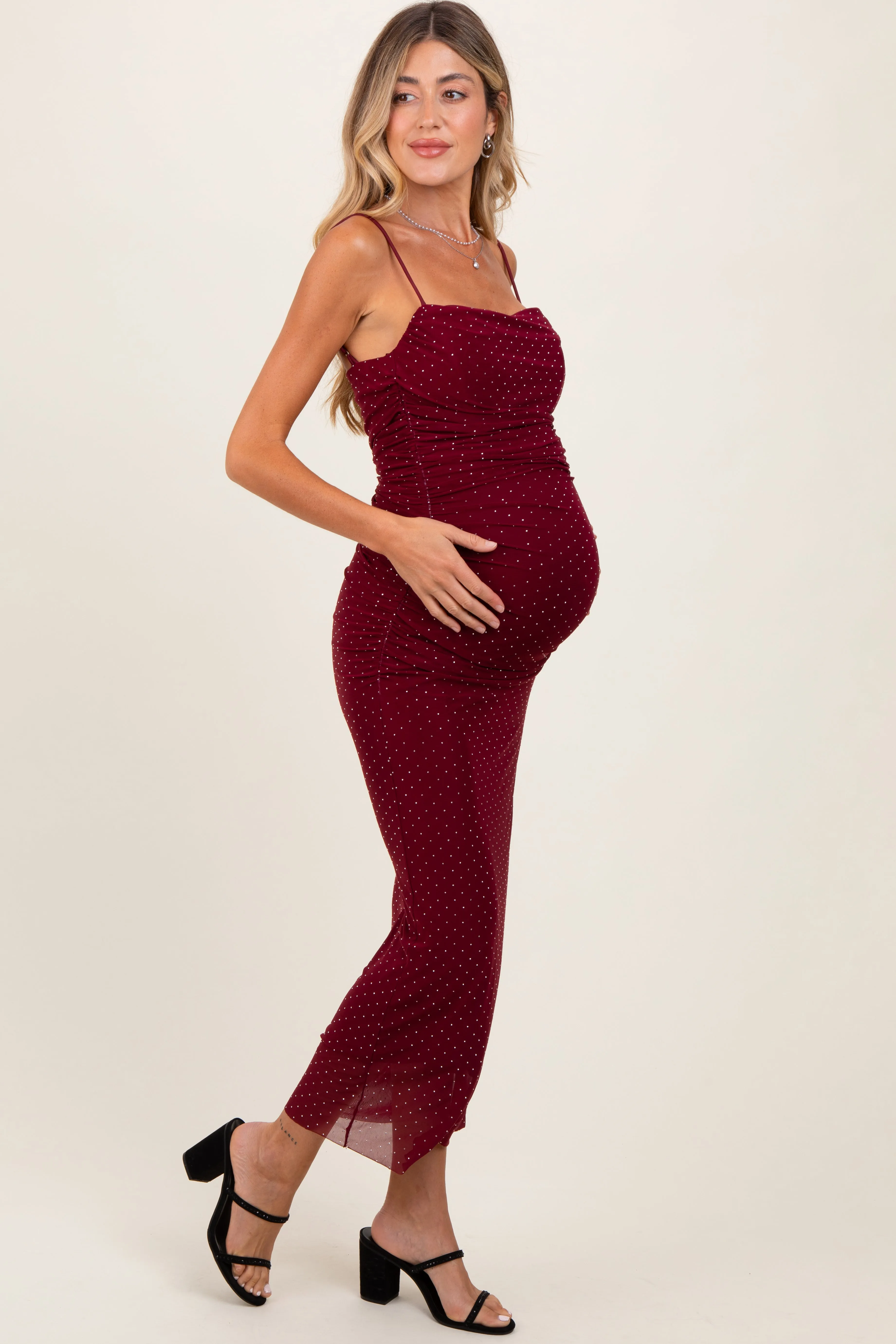 Burgundy Rhinestone Fitted Ruched Maternity Maxi Dress sold by Pinkblush product image thumbnail 3