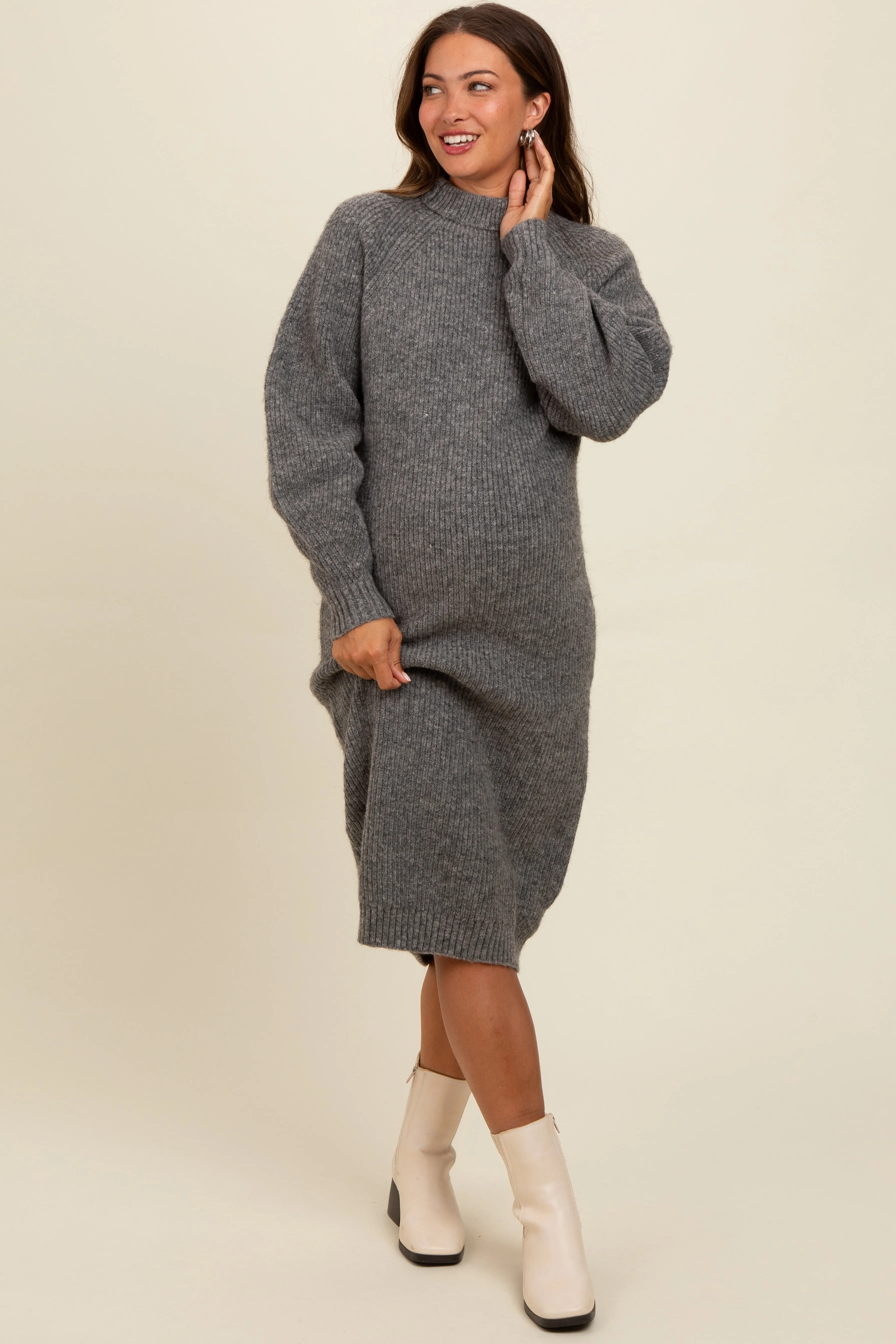Charcoal Mock Neck Bubble Sleeve Maternity Midi Sweater Dress sold by Pinkblush