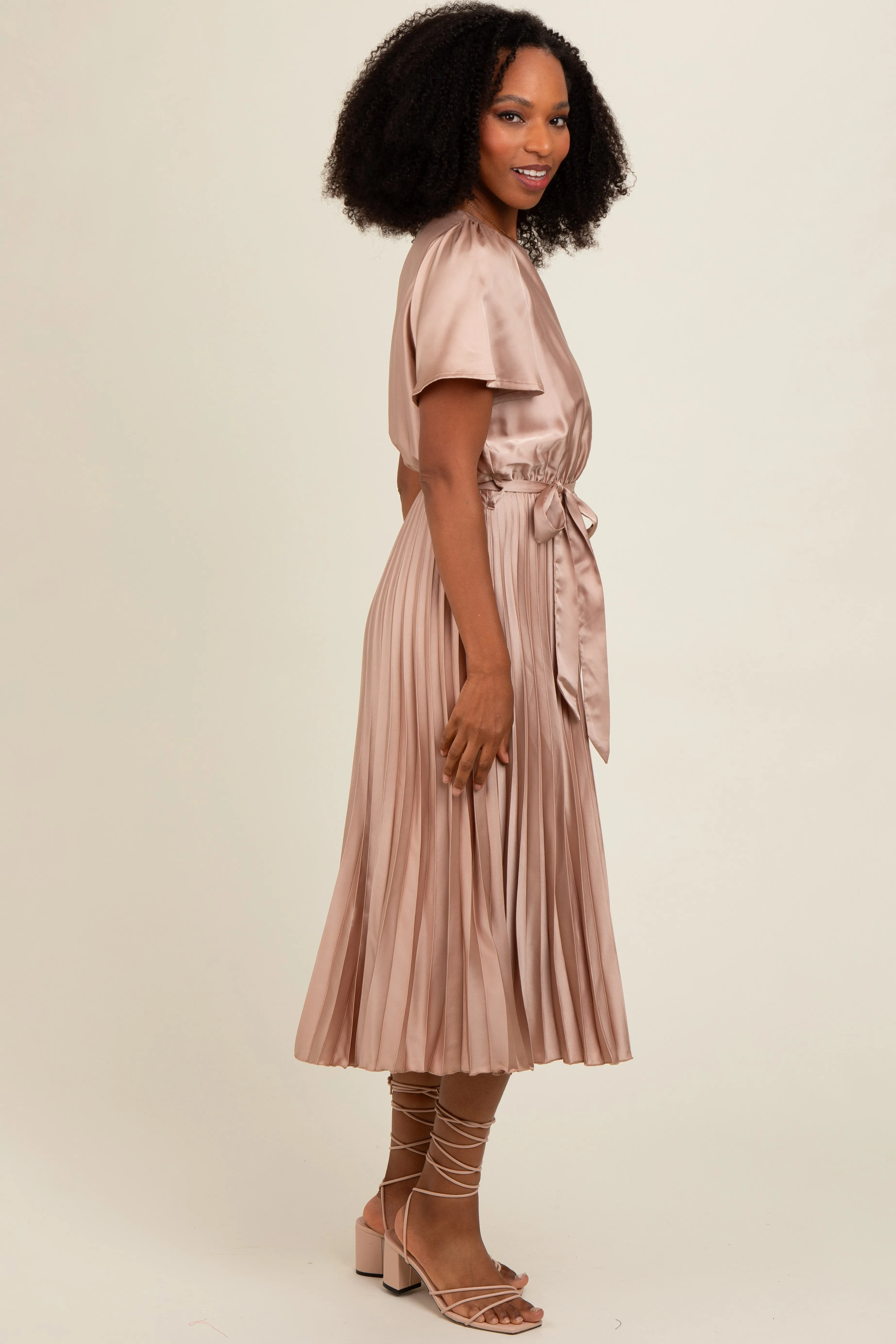 Mocha Satin Pleated Sash Tie Midi Dress sold by Pinkblush product image thumbnail 3