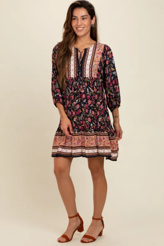 Navy Floral Print Border Tie Front Dress sold by Pinkblush