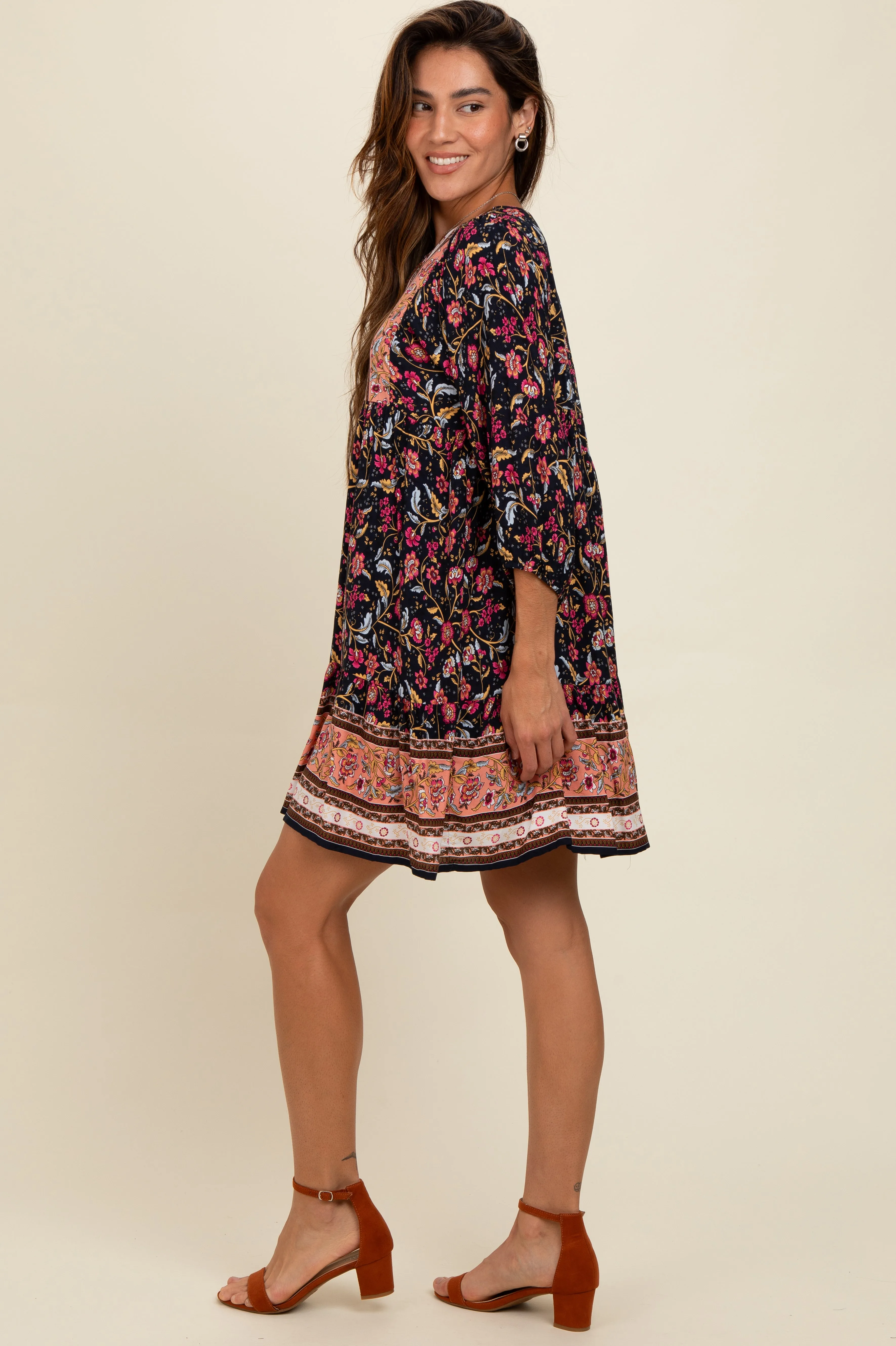 Navy Floral Print Border Tie Front Dress sold by Pinkblush product image thumbnail 2