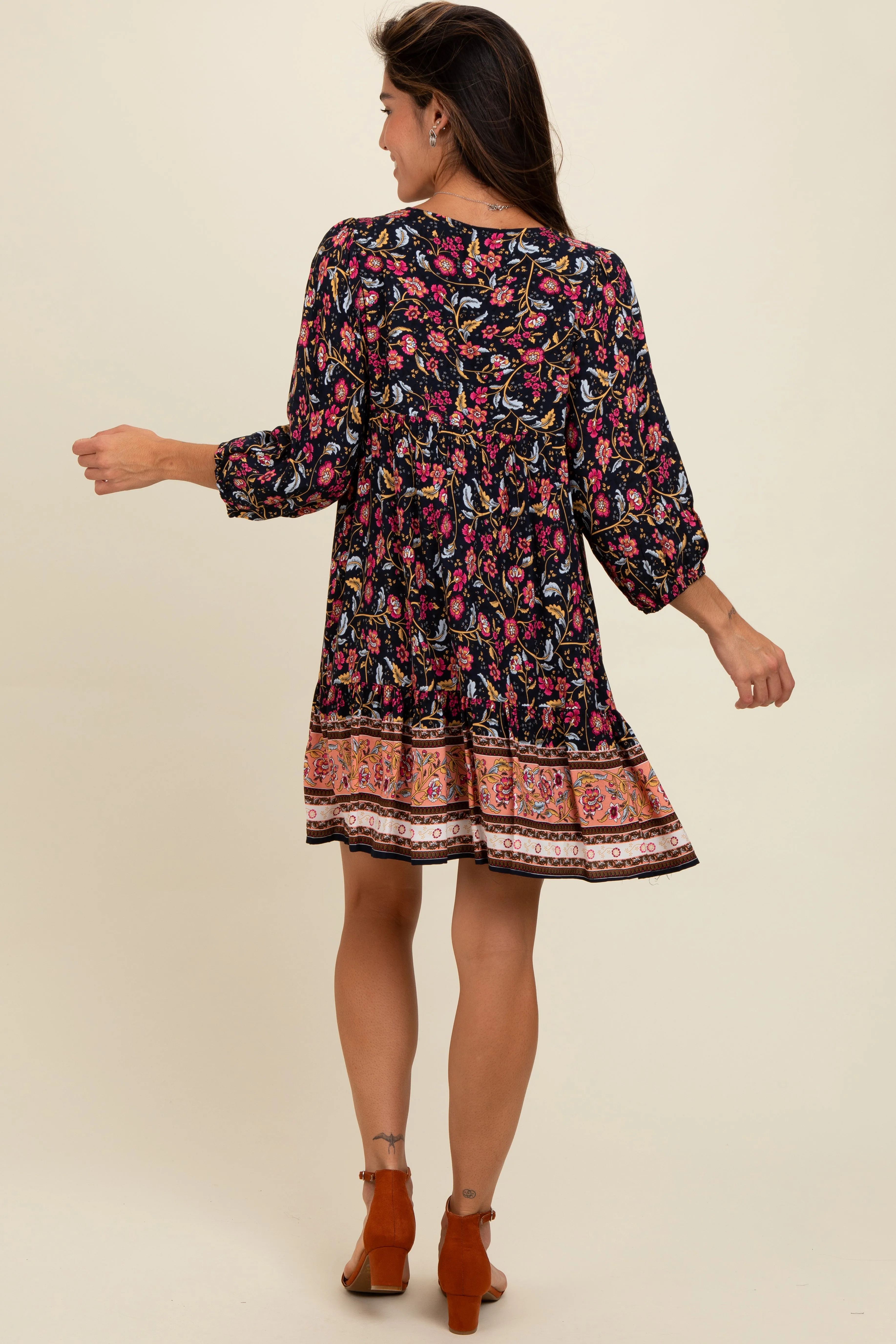 Navy Floral Print Border Tie Front Dress sold by Pinkblush product image thumbnail 3