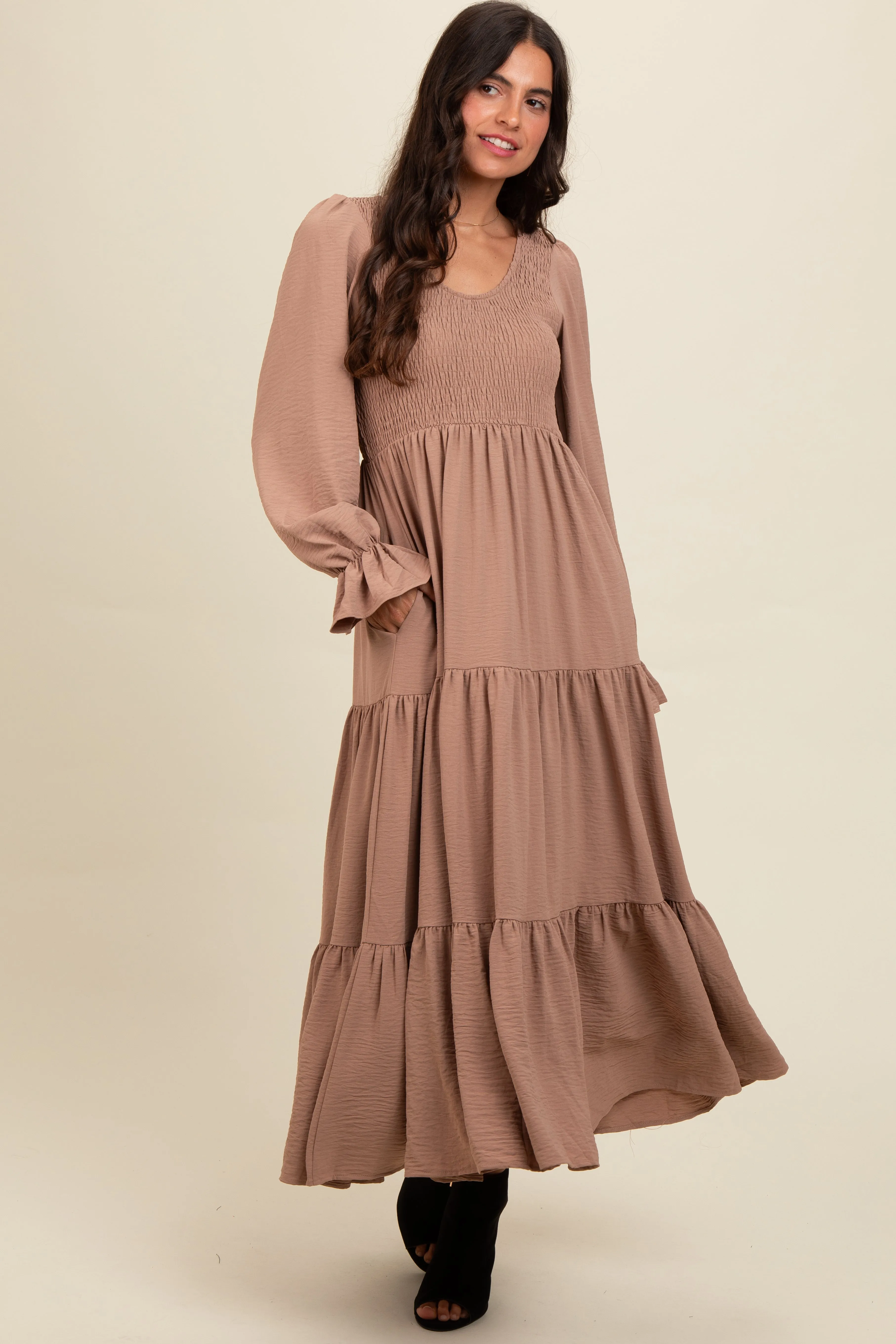 Mocha Smocked Tiered Long Sleeve Maxi Dress sold by Pinkblush product image thumbnail 2