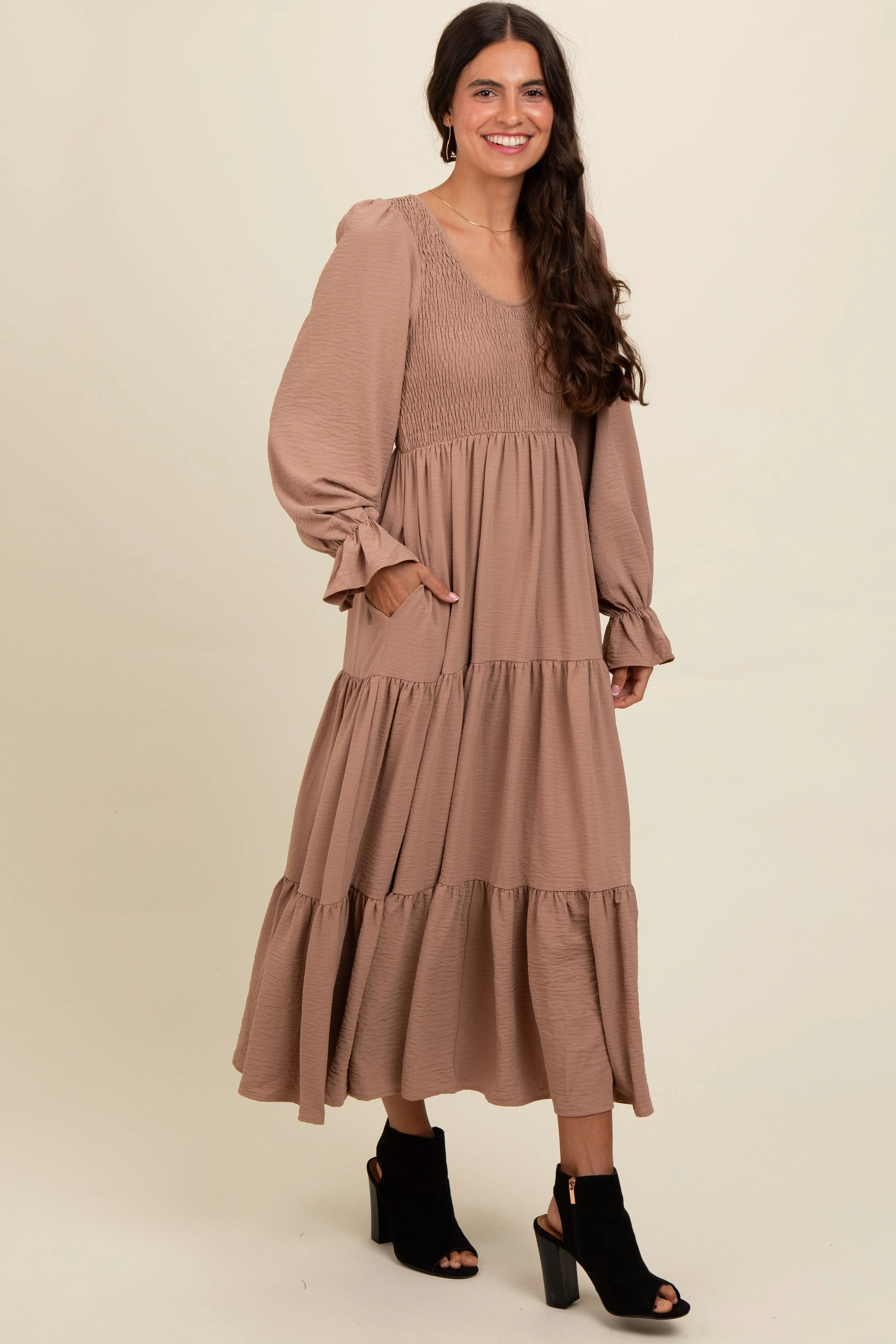 Mocha Smocked Tiered Long Sleeve Maxi Dress sold by Pinkblush product image thumbnail 3