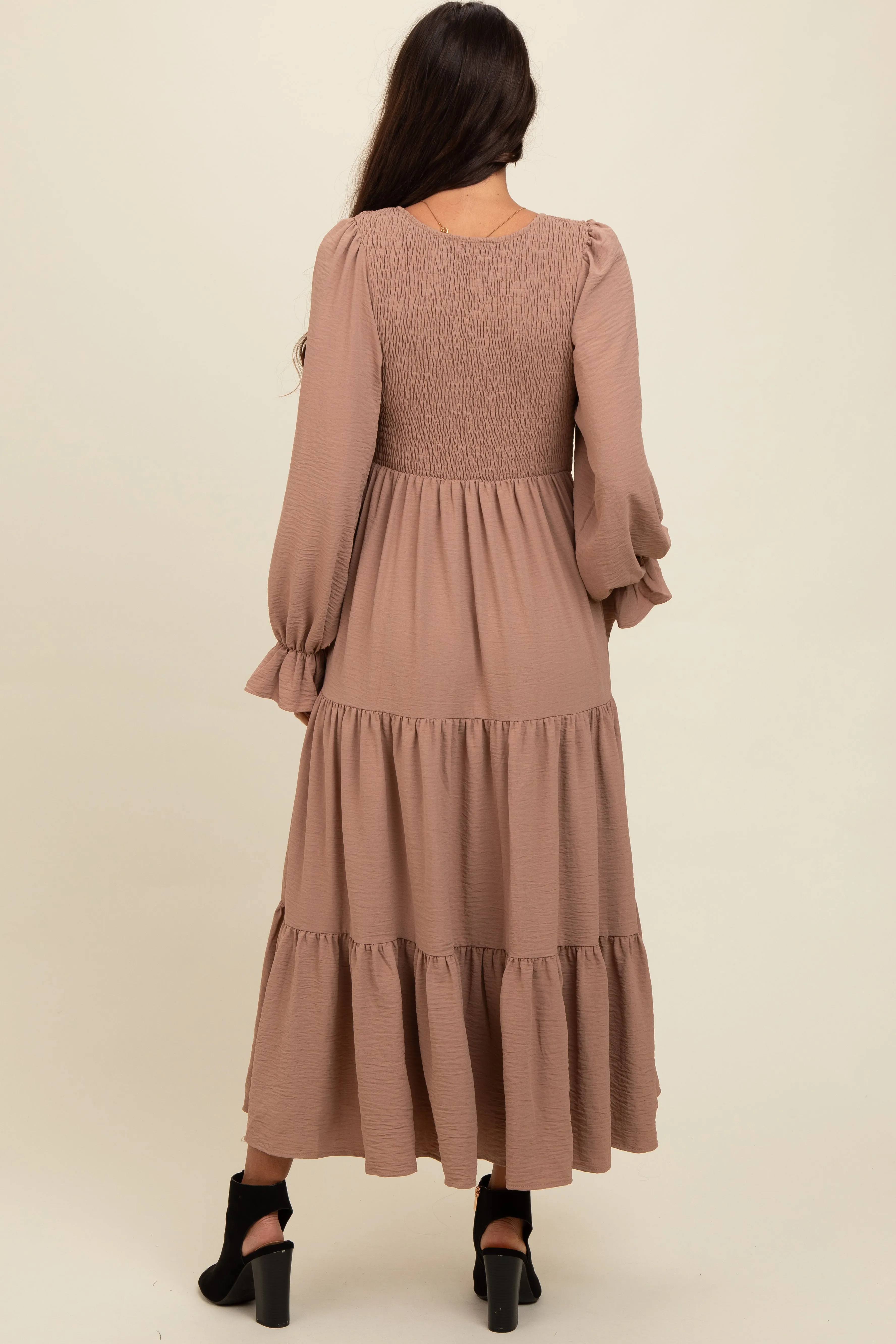 Mocha Smocked Tiered Long Sleeve Maxi Dress sold by Pinkblush product image thumbnail 4