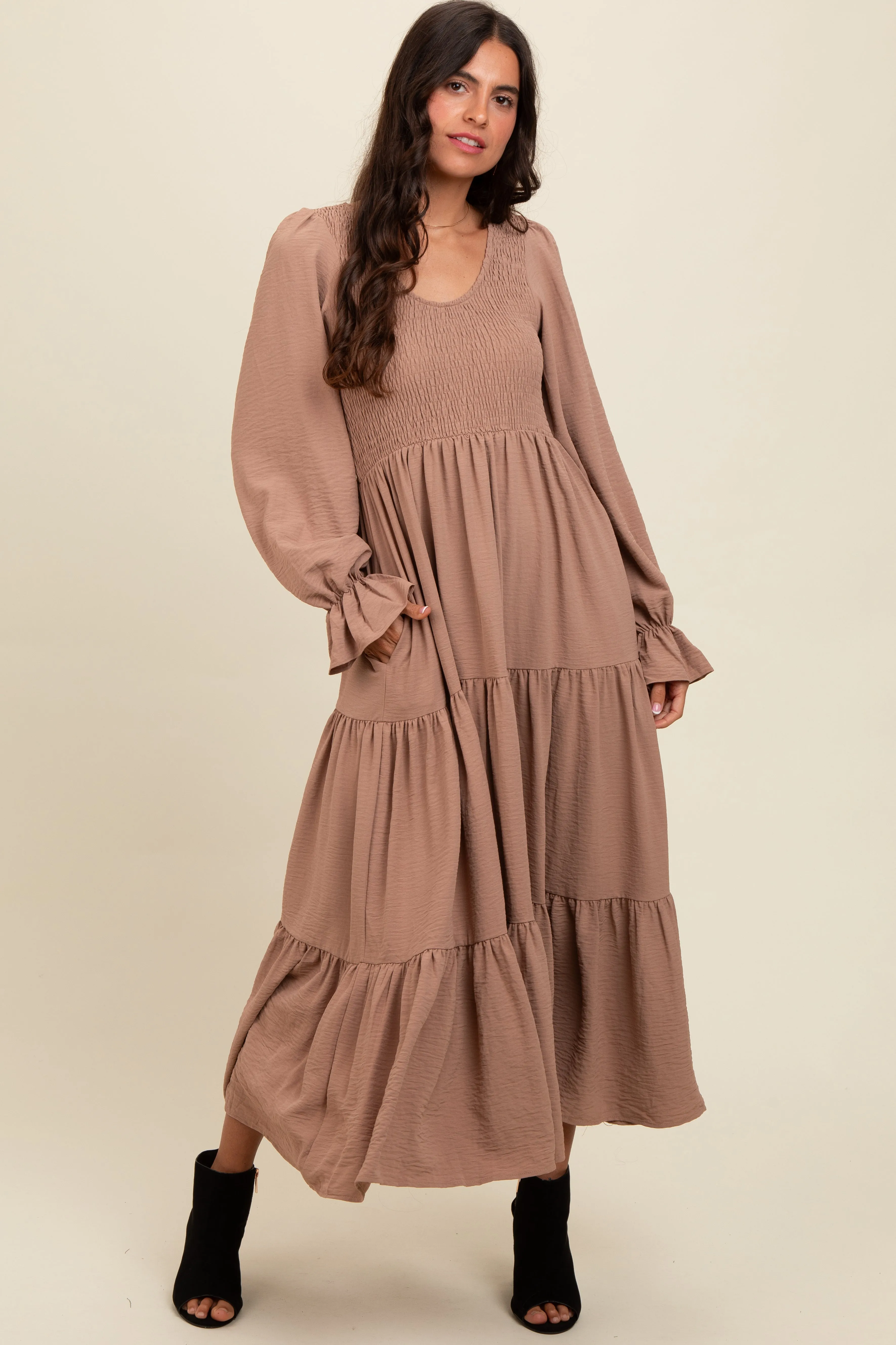 Mocha Smocked Tiered Long Sleeve Maxi Dress sold by Pinkblush
