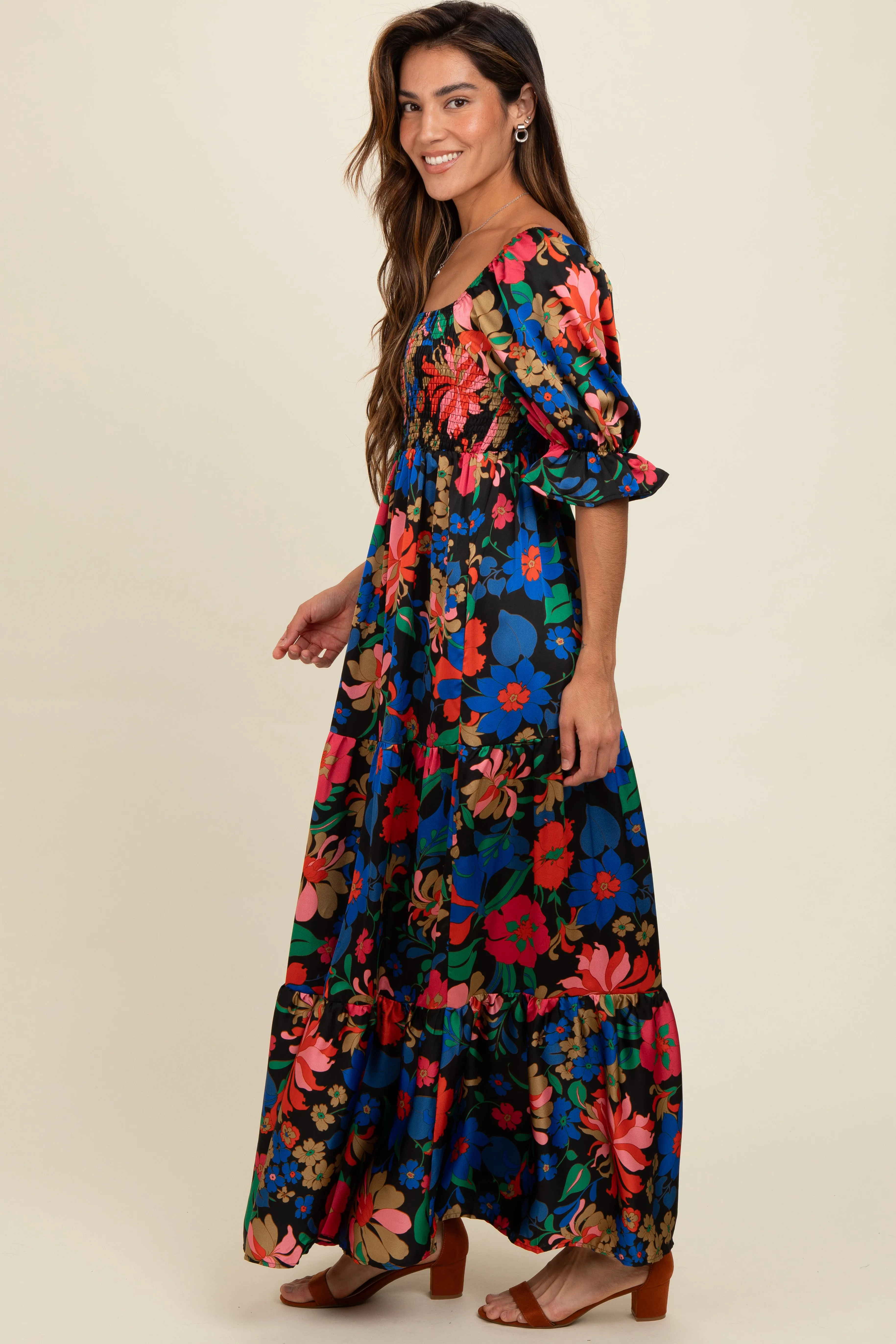 Black Floral Satin Smocked Tiered Maxi Dress sold by Pinkblush product image thumbnail 2