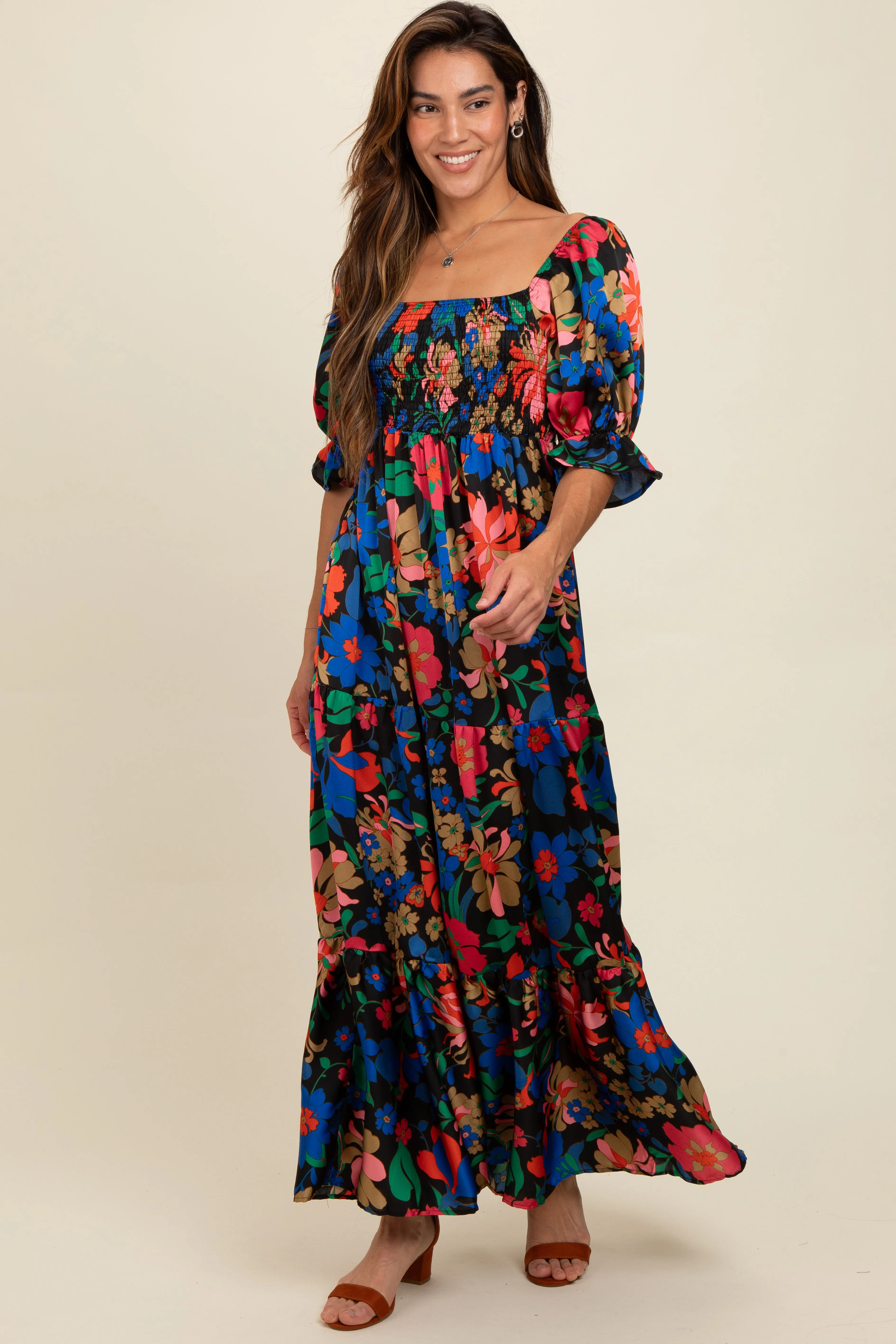 Black Floral Satin Smocked Tiered Maxi Dress sold by Pinkblush