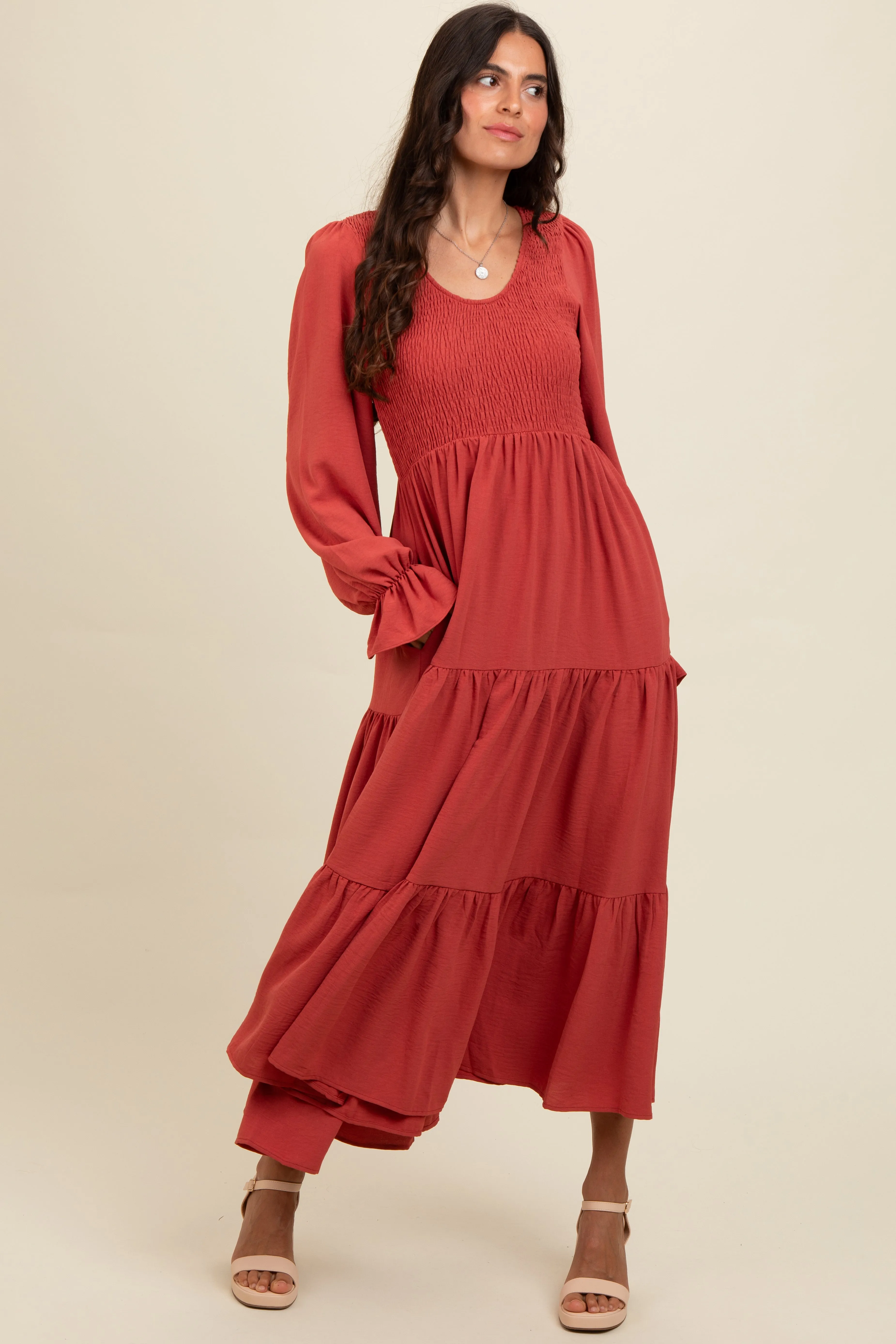 Rust Smocked Tiered Long Sleeve Maxi Dress sold by Pinkblush product image thumbnail 2