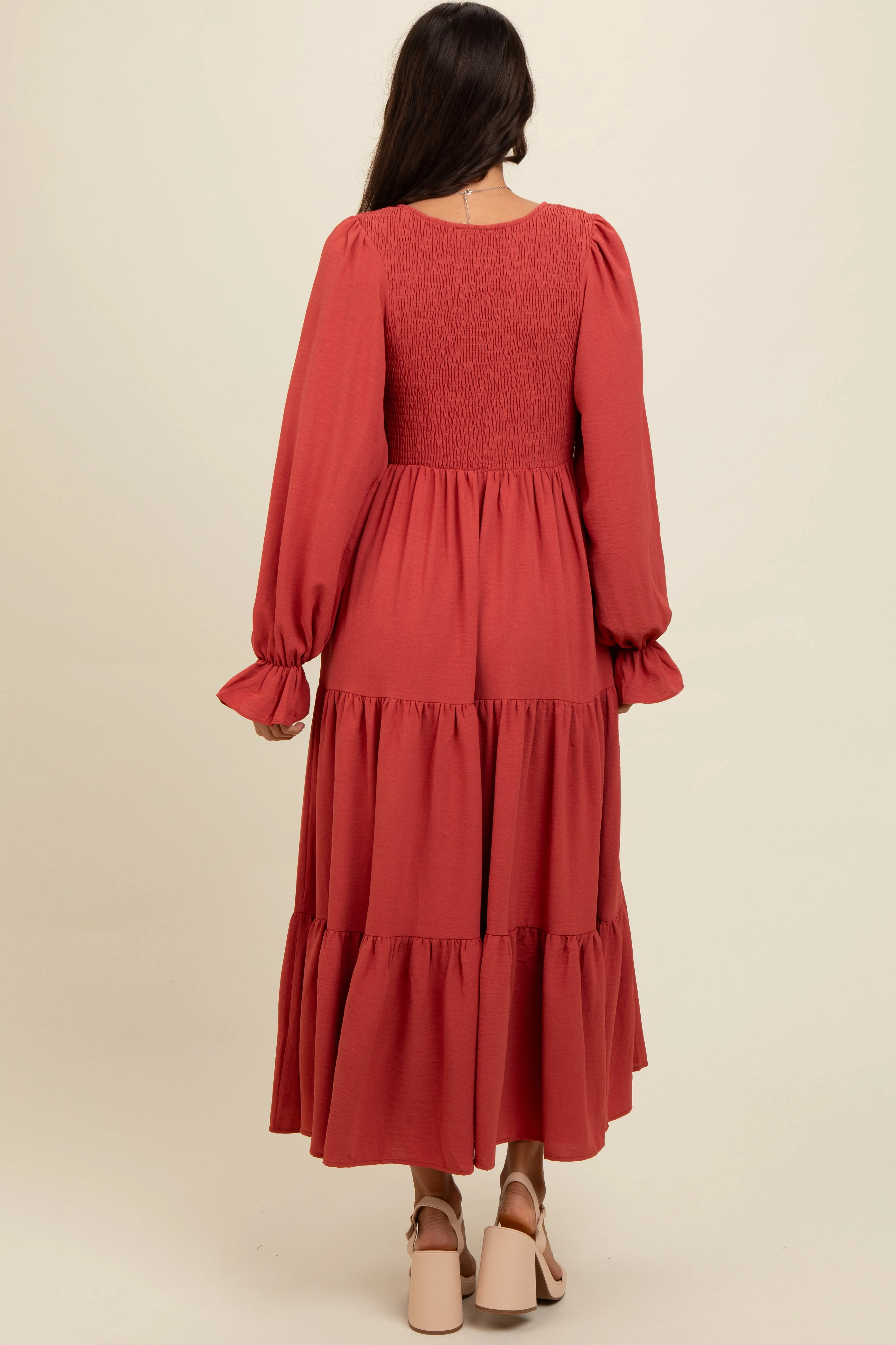Rust Smocked Tiered Long Sleeve Maxi Dress sold by Pinkblush product image thumbnail 4