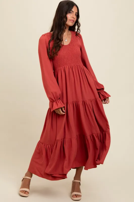 Rust Smocked Tiered Long Sleeve Maxi Dress sold by Pinkblush