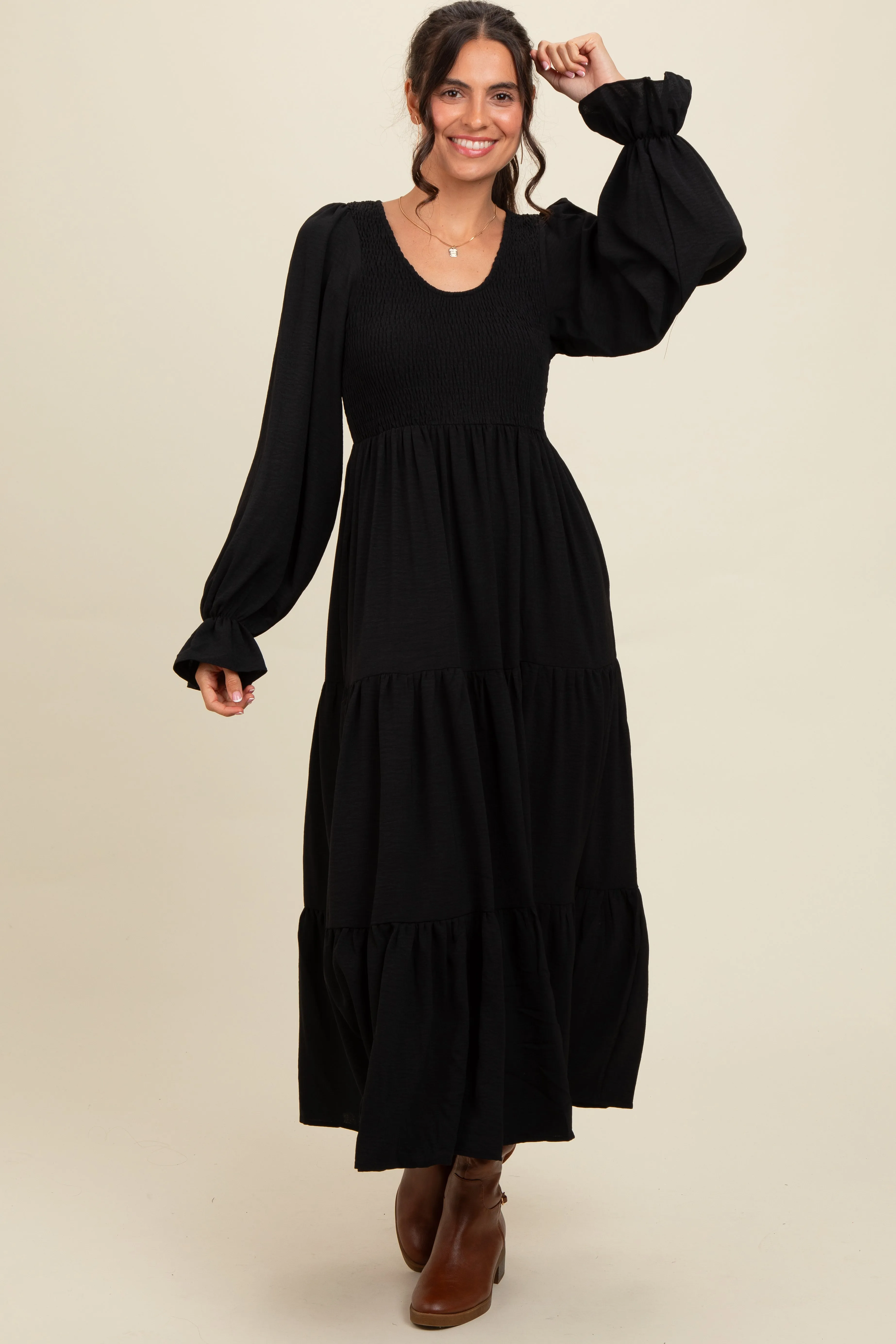 Black Smocked Tiered Long Sleeve Maxi Dress sold by Pinkblush product image thumbnail 2