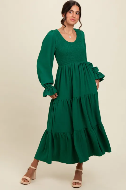 Green Smocked Tiered Long Sleeve Maxi Dress sold by Pinkblush