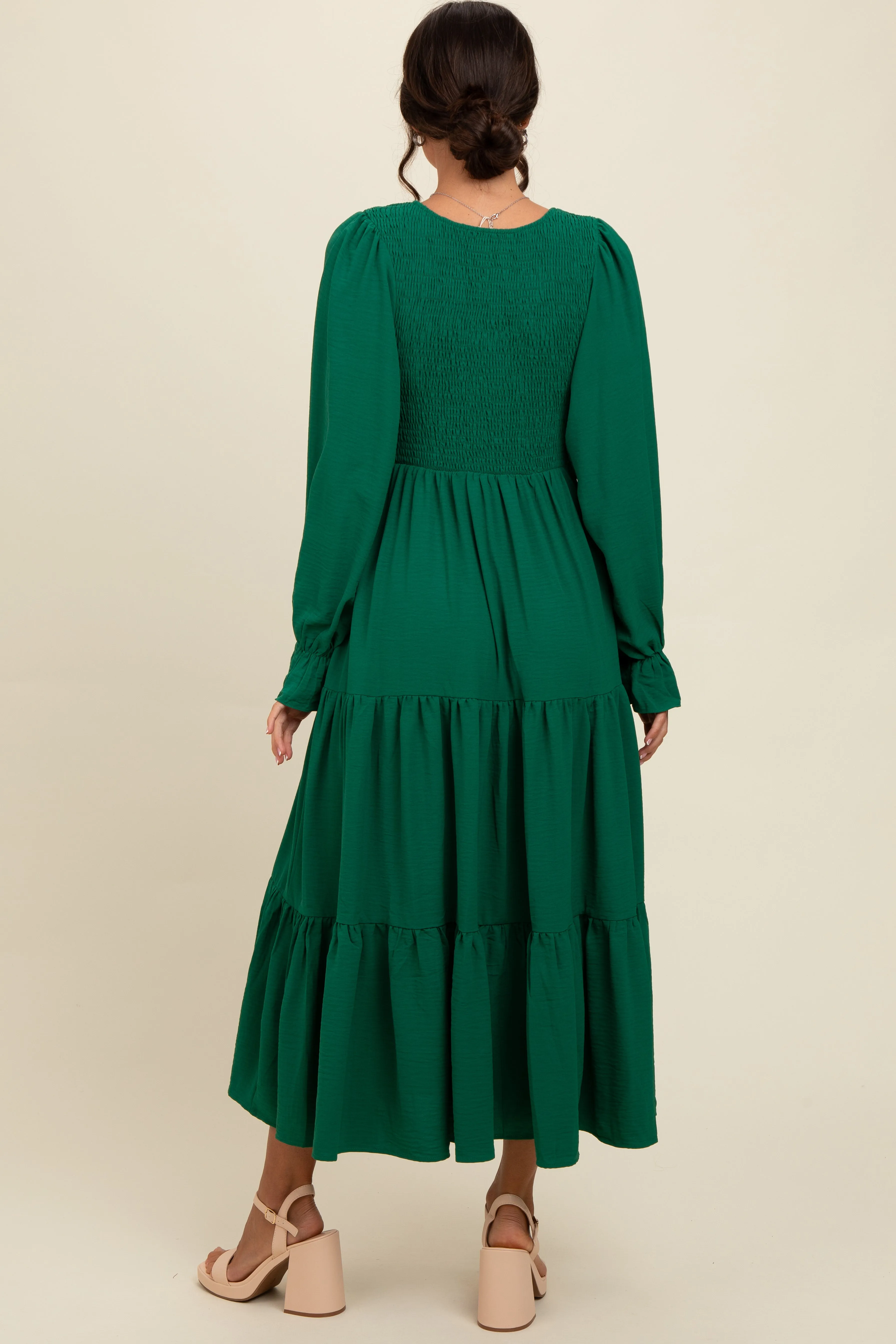 Green Smocked Tiered Long Sleeve Maxi Dress sold by Pinkblush product image thumbnail 3